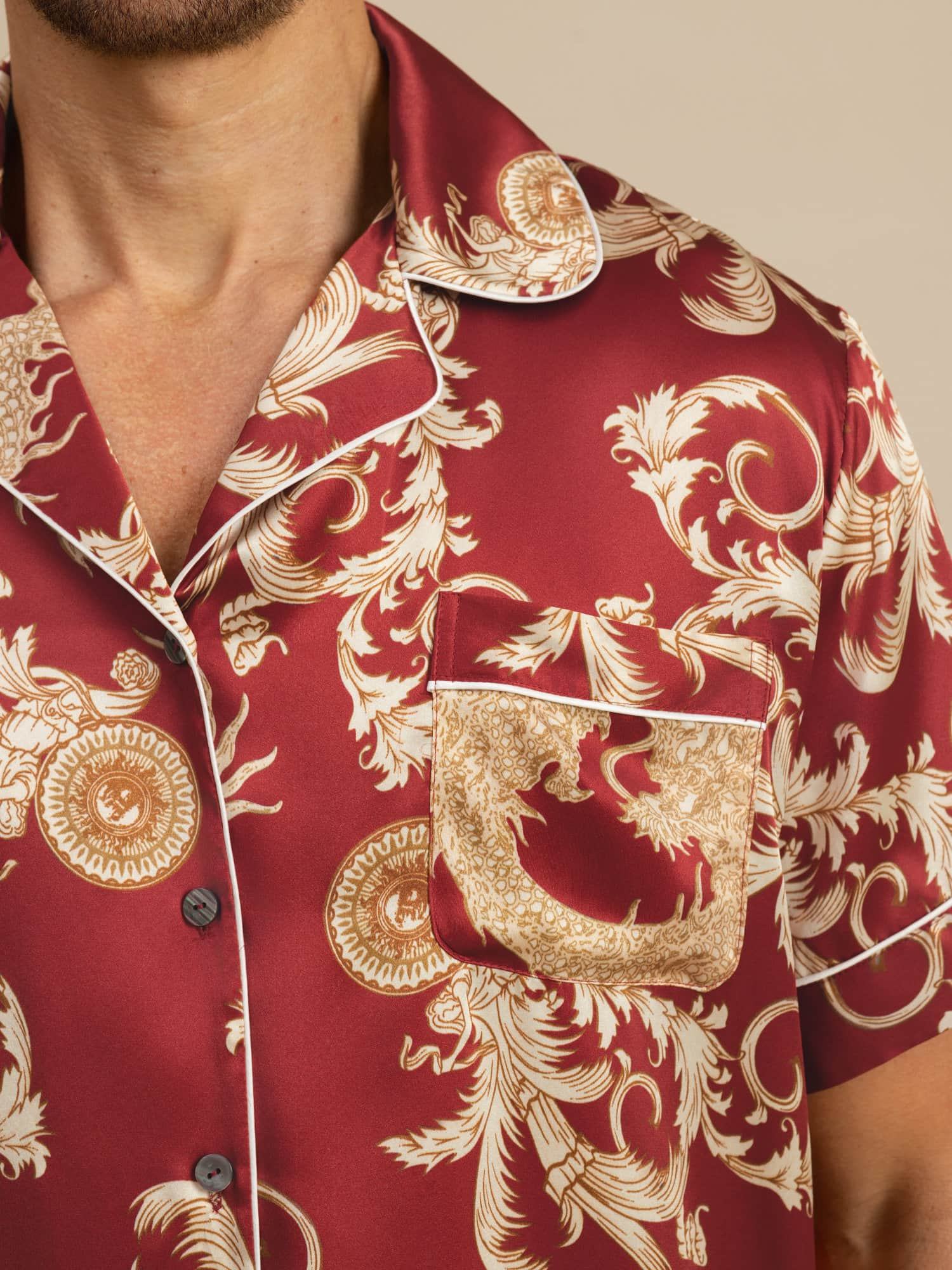 Pure Zijde Heren Draak Print Korte Mouwen Notch Kraag Pyjama Set - Image 9