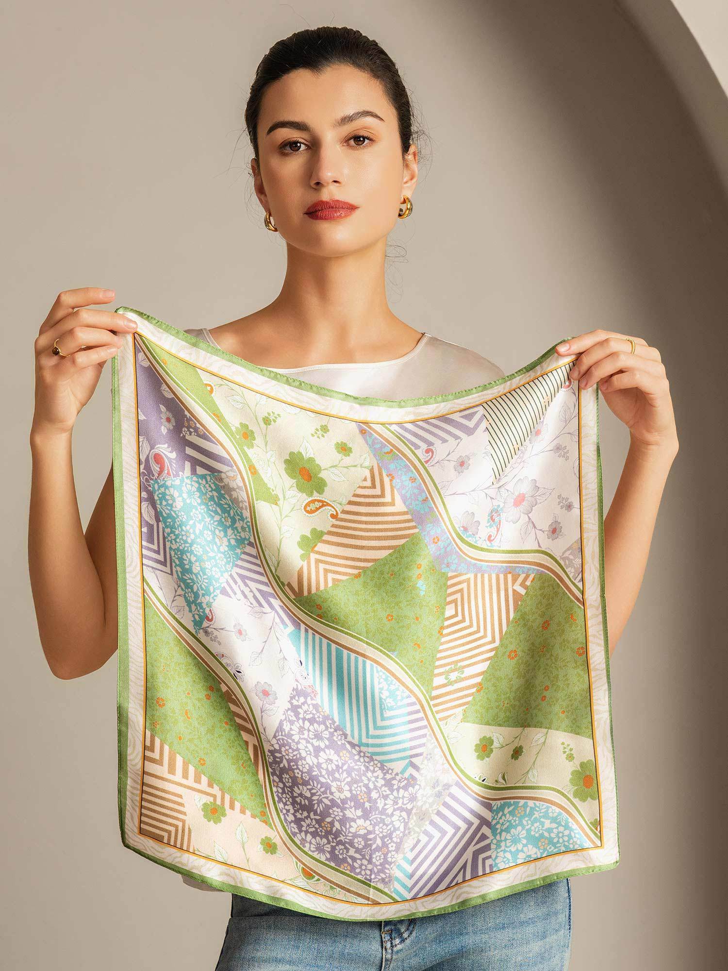 Pure Silk Pattern Stitching Square Scarf - Maat 53x53cm - Image 4