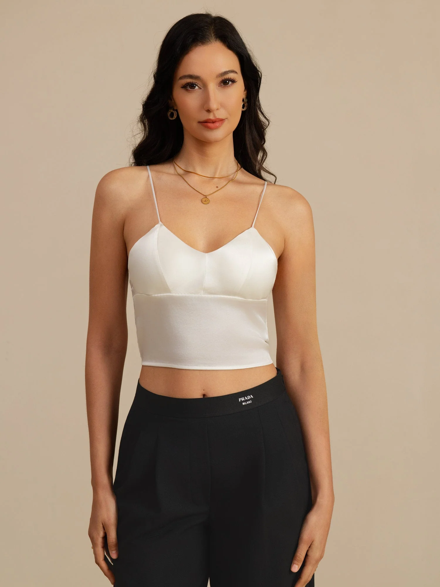 19Momme Zijde Crop Top Spaghetti Bandjes V Hals Camisole Met Ingebouwde Beha - Image 3