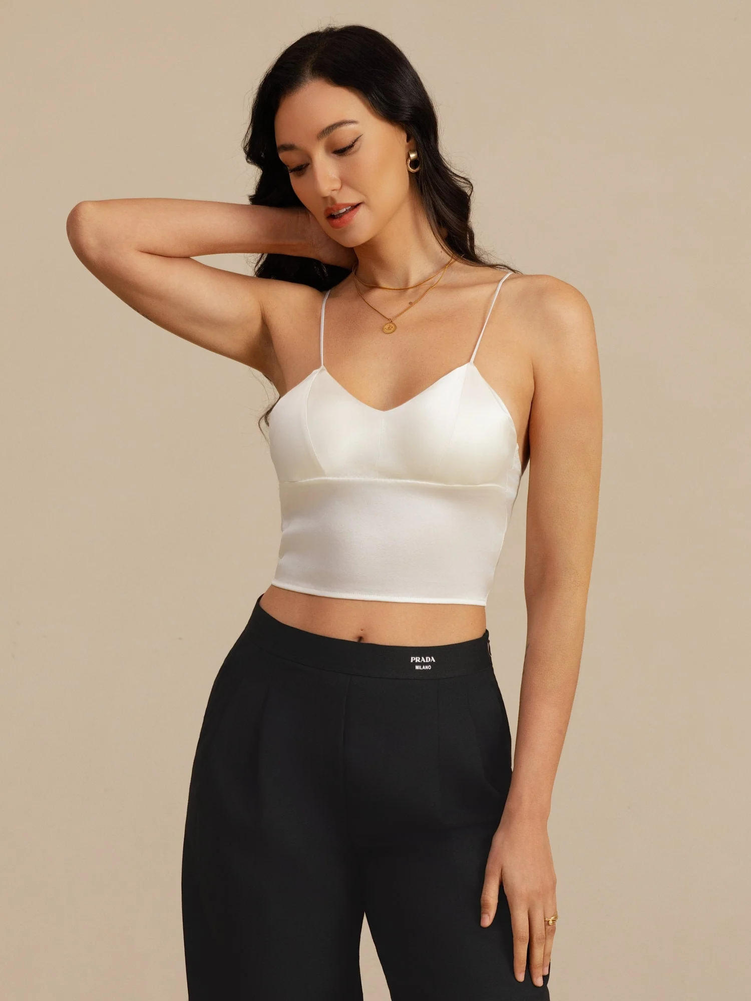 19Momme Zijde Crop Top Spaghetti Bandjes V Hals Camisole Met Ingebouwde Beha - Image 6