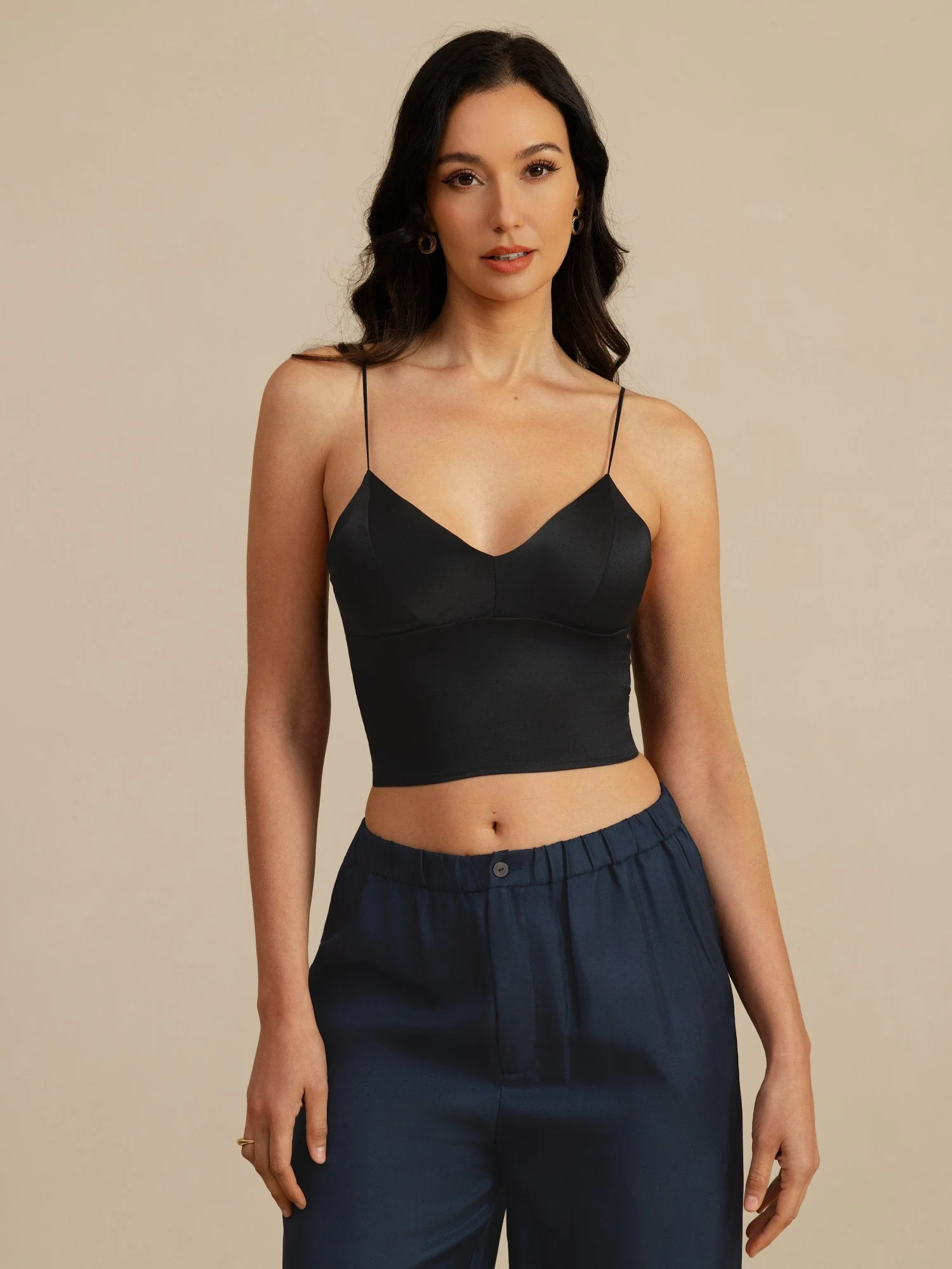 19Momme Zijde Crop Top Spaghetti Bandjes V Hals Camisole Met Ingebouwde Beha - Image 9