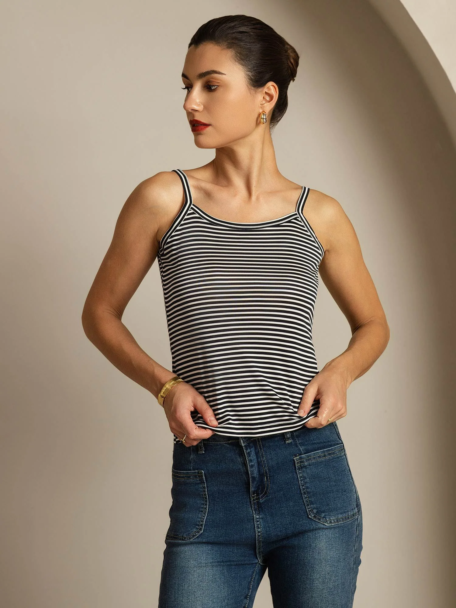 Zuivere Zijde Spaghettiband Vierkante Hals Gestreepte Camisole Top - Image 5