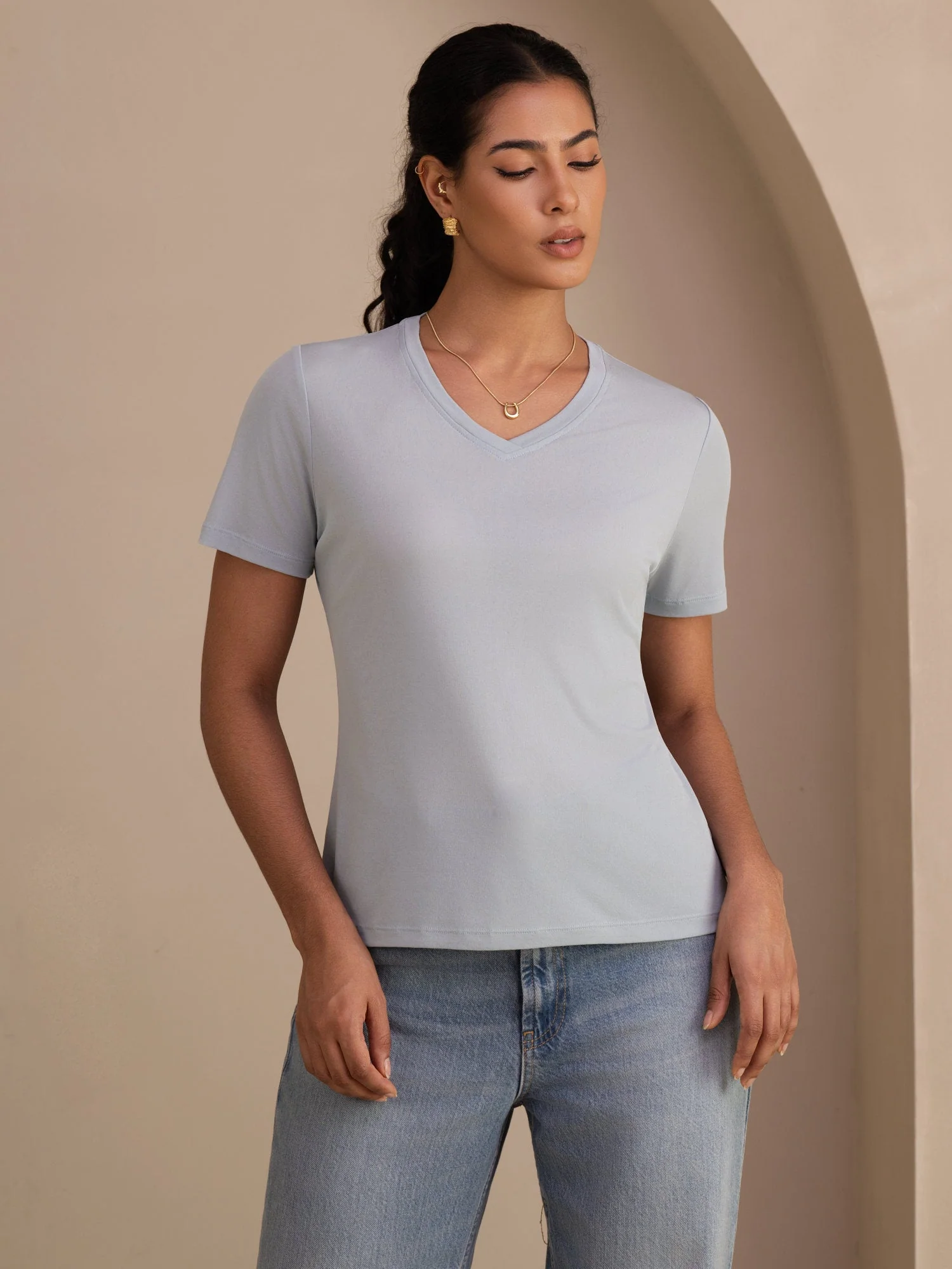 Pure Zijde V-Hals Korte Mouw Snag-Resistant Dames T-Shirt - Image 10