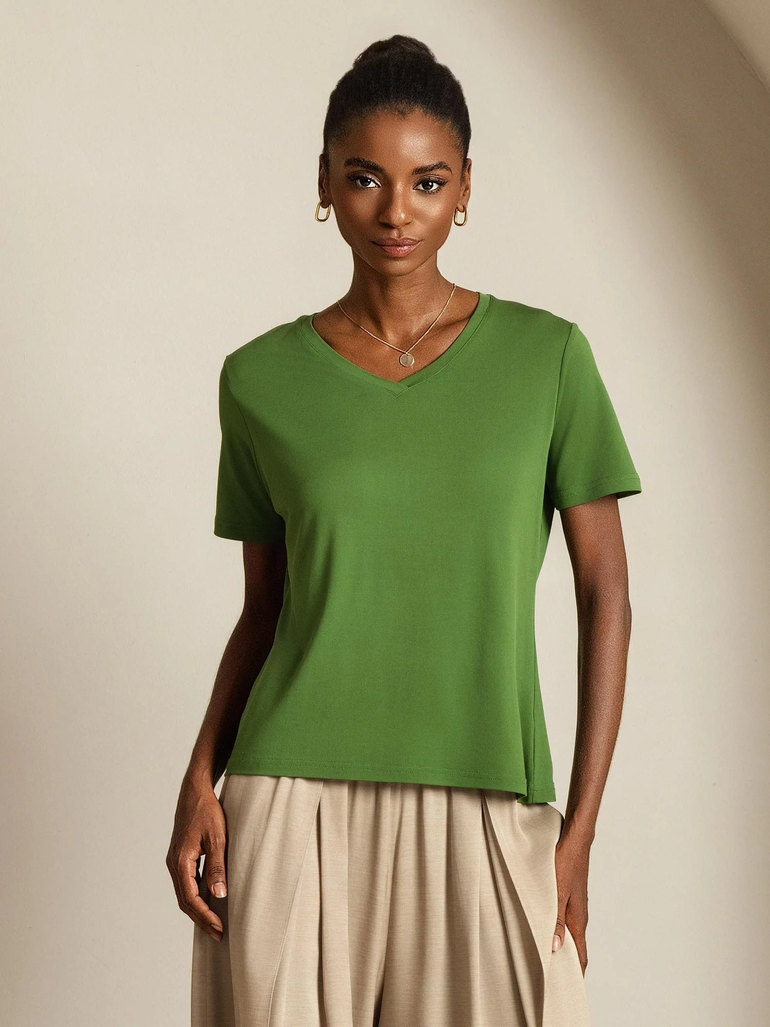 Pure Zijde V-Hals Korte Mouw Snag-Resistant Dames T-Shirt - Image 45