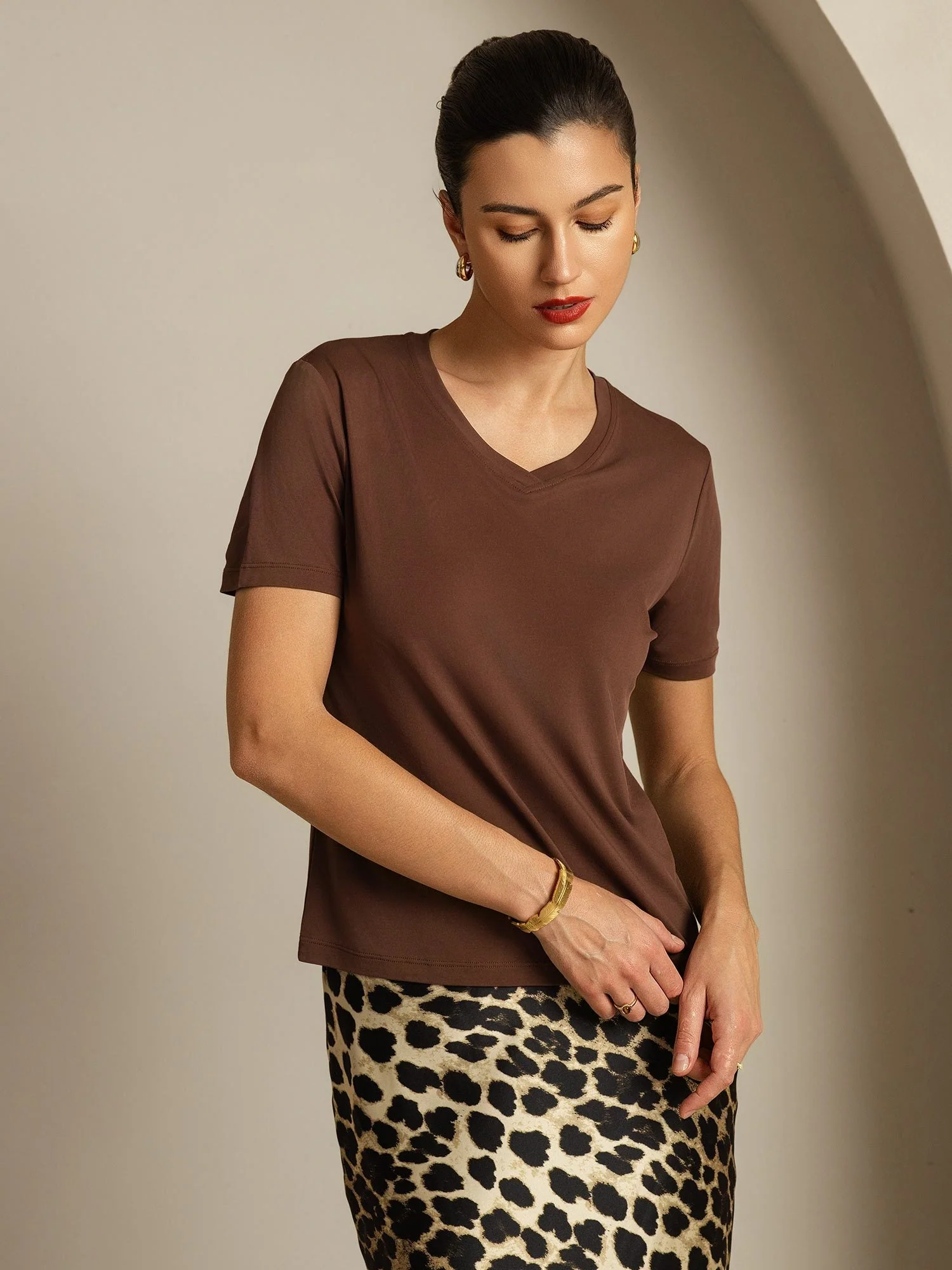 Pure Zijde V-Hals Korte Mouw Snag-Resistant Dames T-Shirt - Image 52