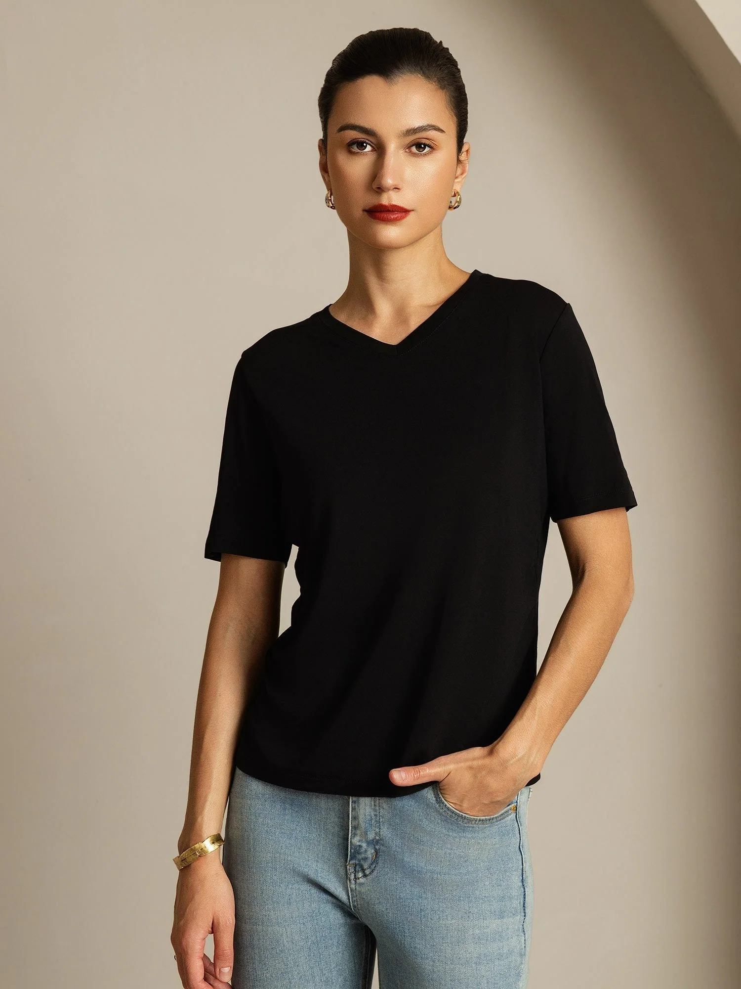 Pure Zijde V-Hals Dames T-shirt
