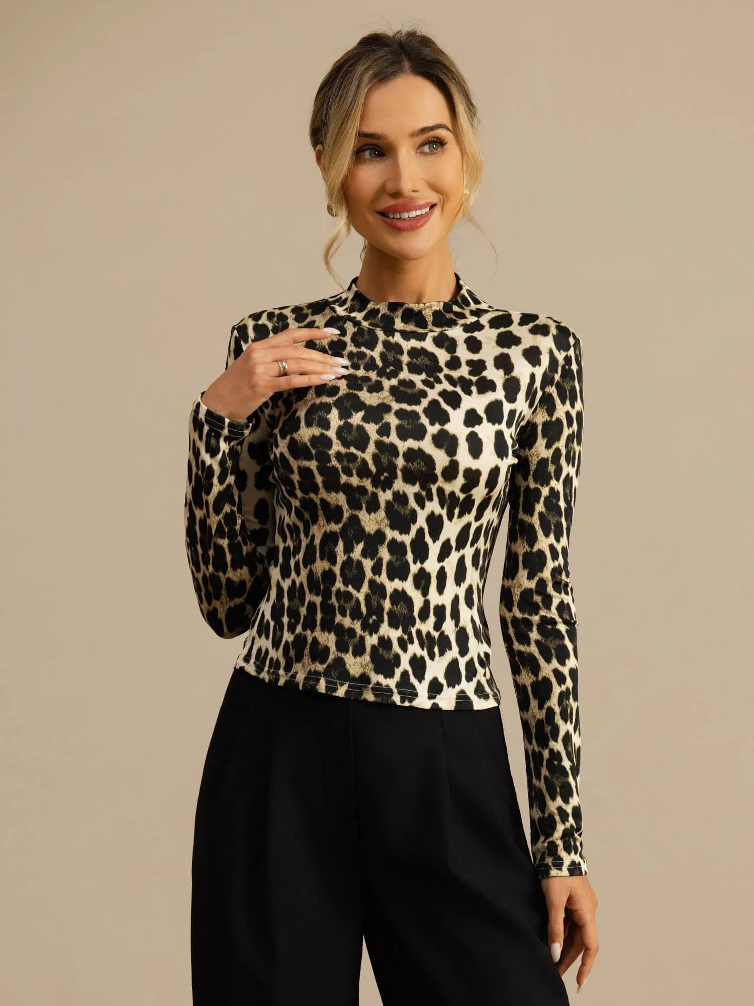 Pure Zijde Dames Wild Dieren Print Lange Mouwen Mock Neck Top - Image 19