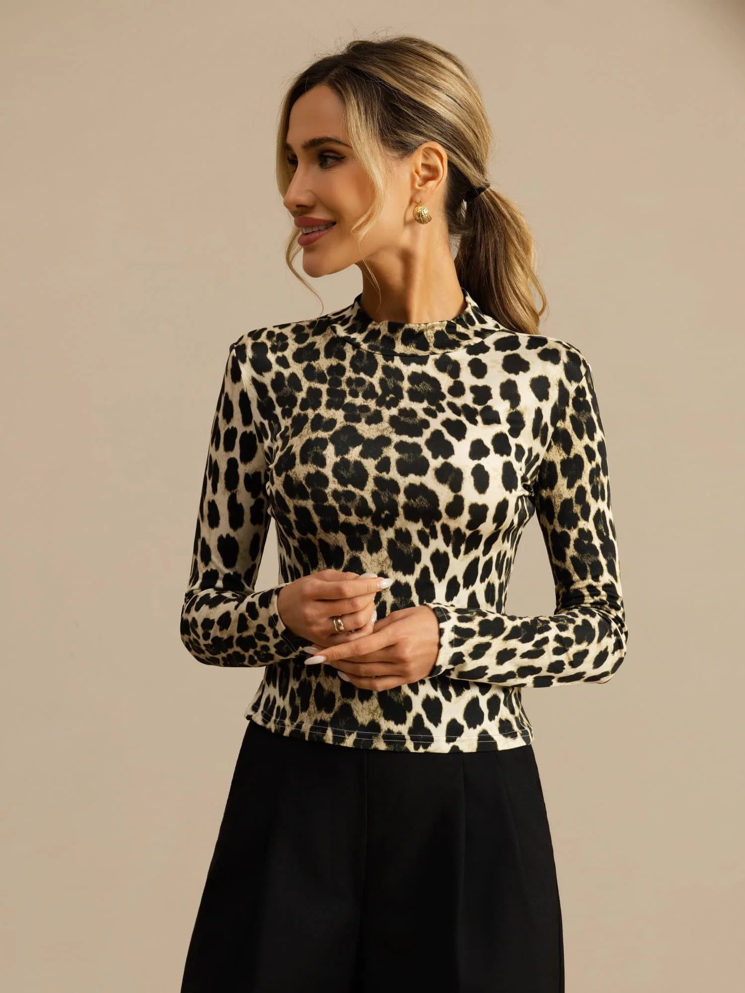 Pure Zijde Dames Wild Dieren Print Lange Mouwen Mock Neck Top - Image 20
