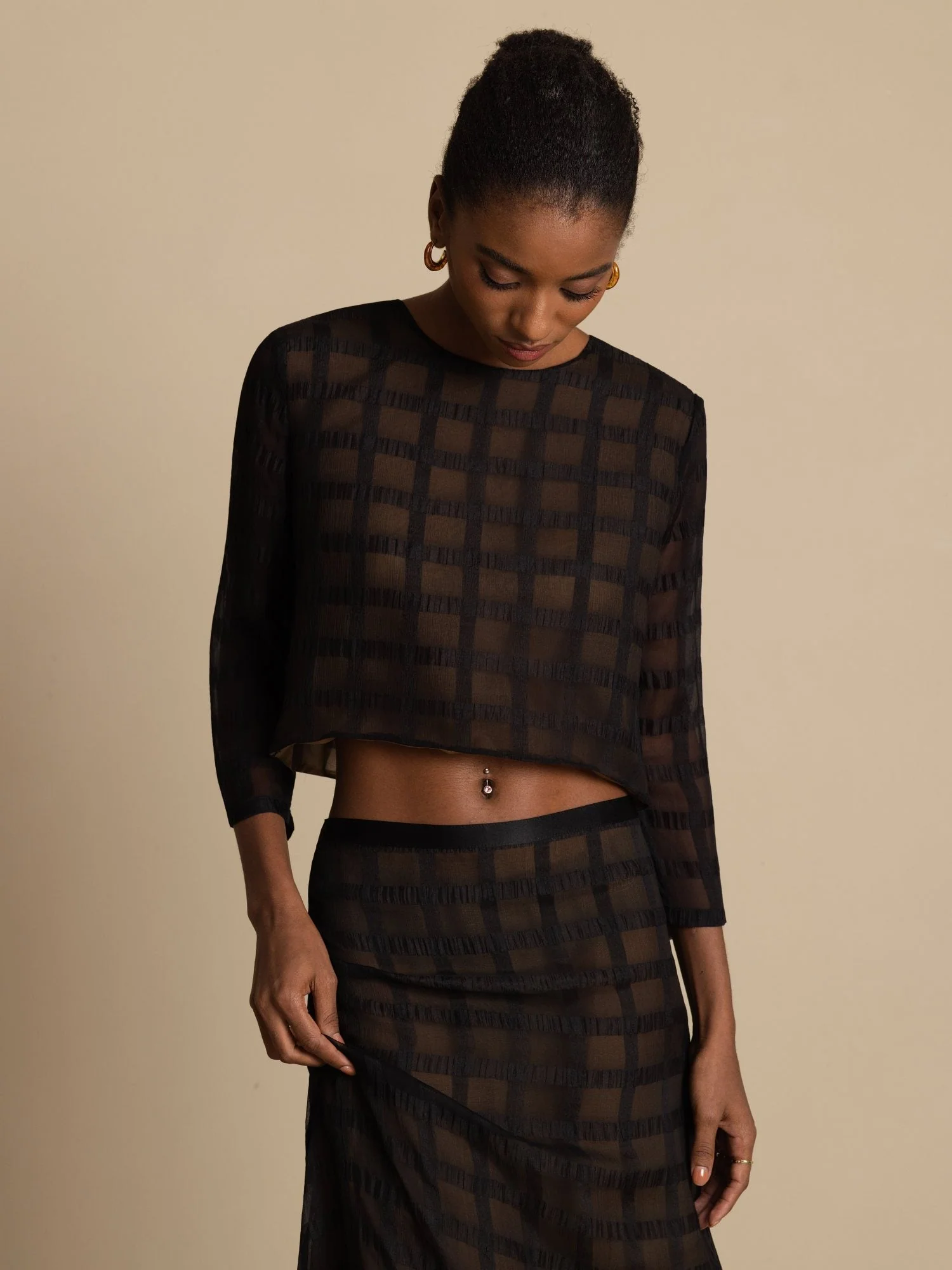 Puur Zijde Dames Gestructureerde Geruite Crop Blouse & A-Lijn Lange Rok Set - Image 7