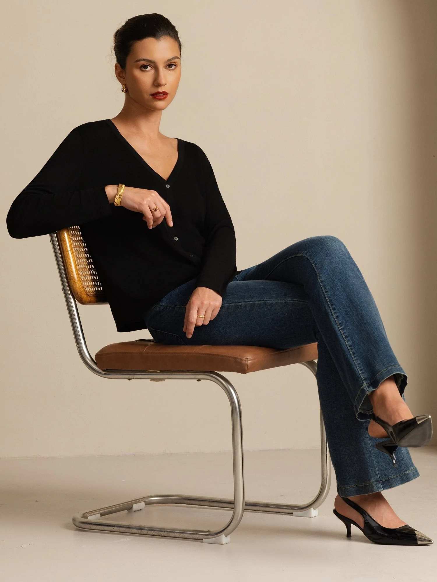 Pure Silk Dames V-Hals Lange Mouwen Basic Vest - Image 15
