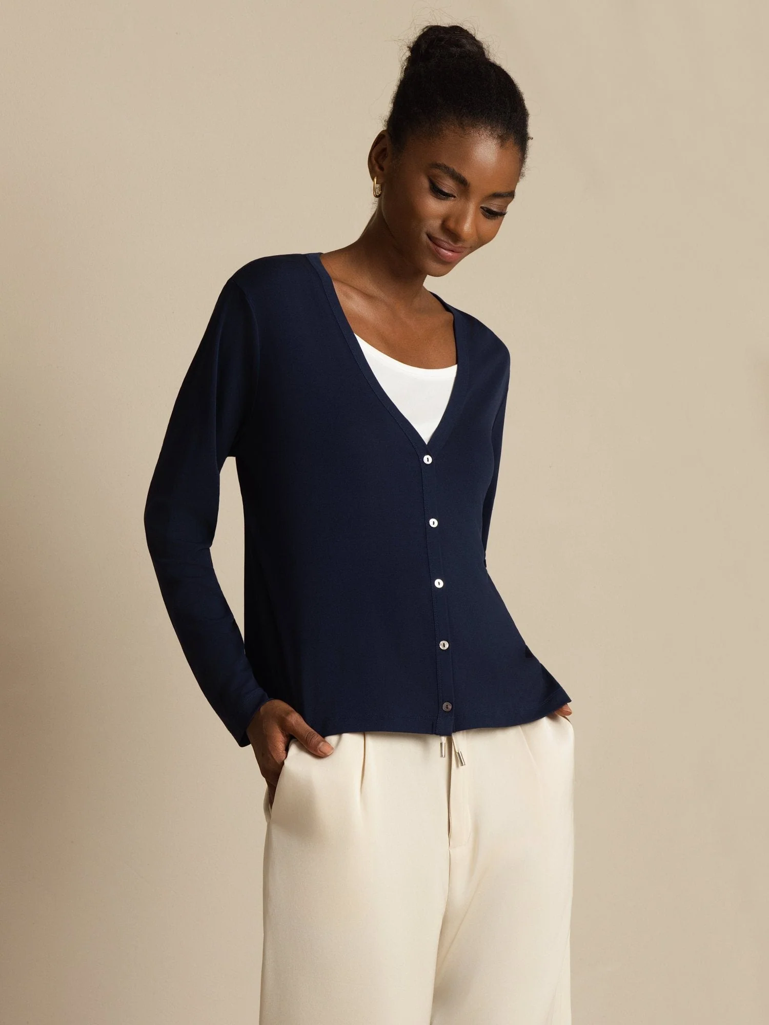 Pure Silk Dames V-Hals Lange Mouwen Basic Vest - Image 3