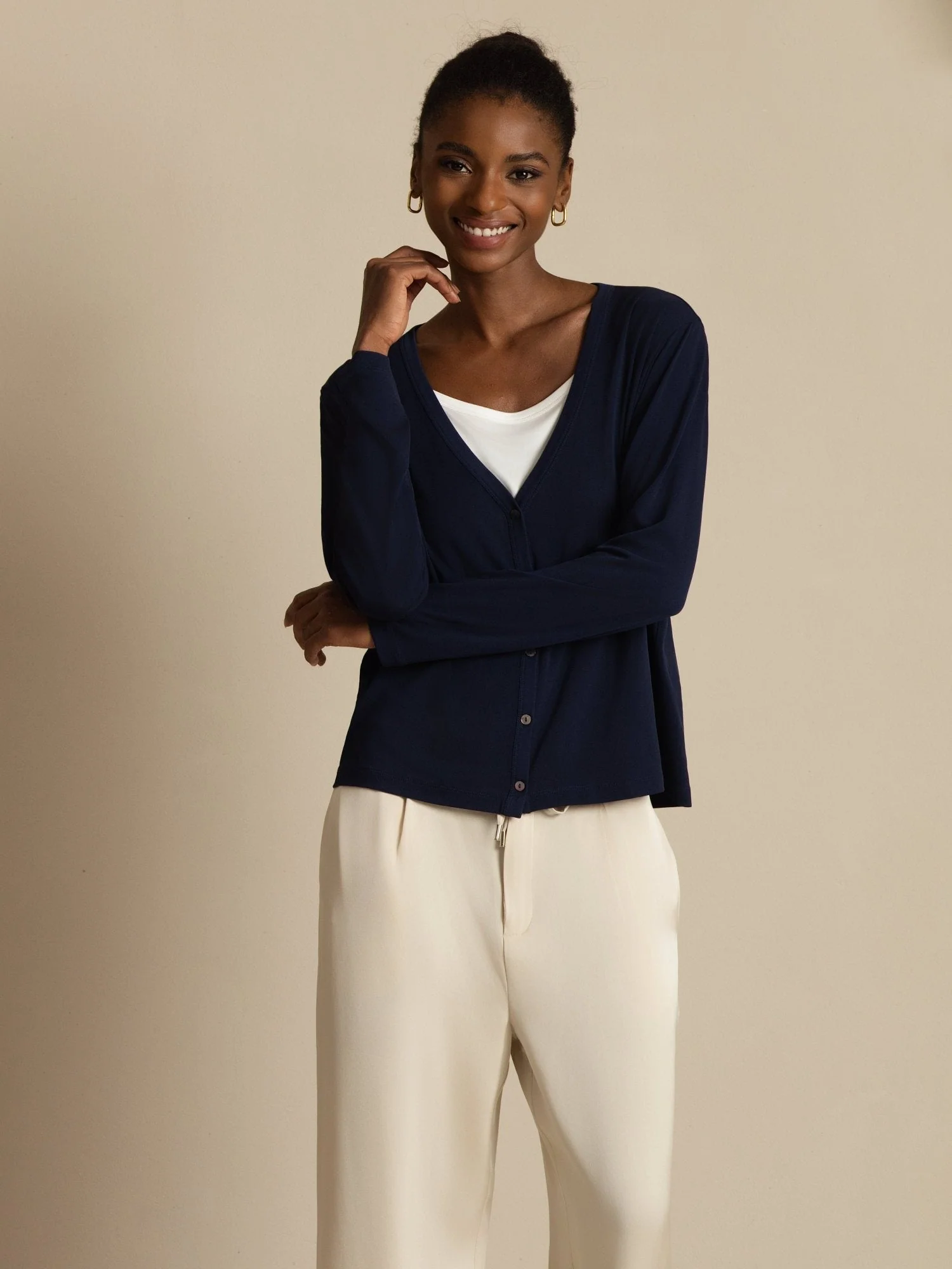 Pure Silk Dames V-Hals Lange Mouwen Basic Vest - Image 4