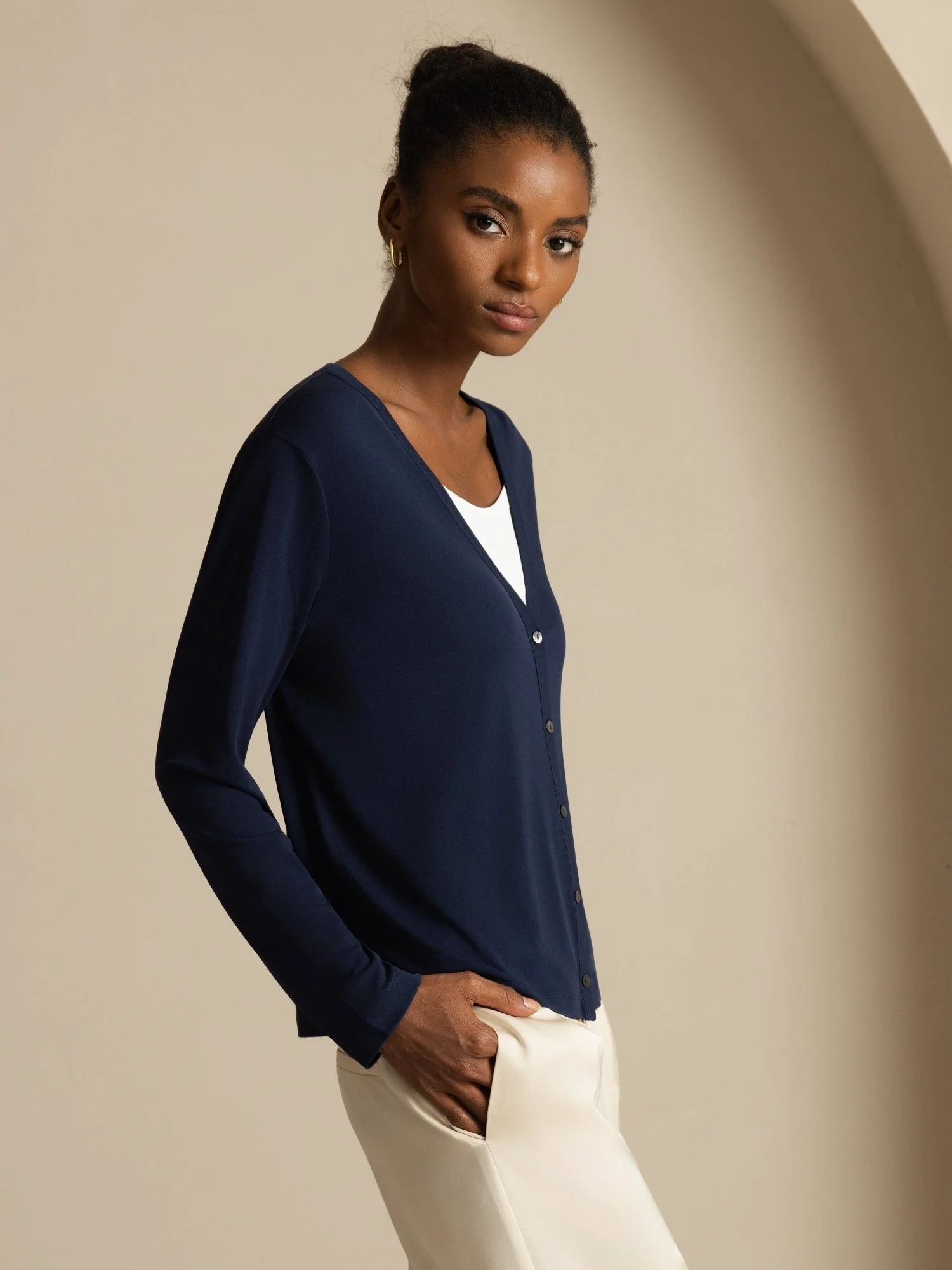Pure Silk Dames V-Hals Lange Mouwen Basic Vest - Image 5