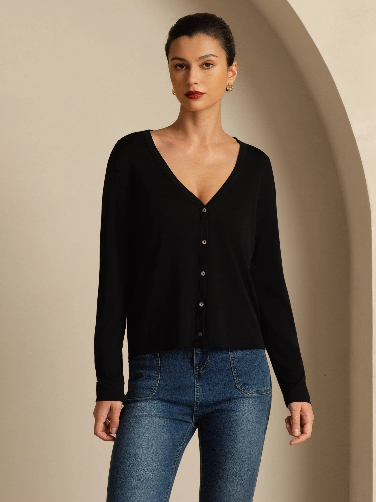 Pure Silk Dames V-Hals Lange Mouwen Basic Vest - Image 9