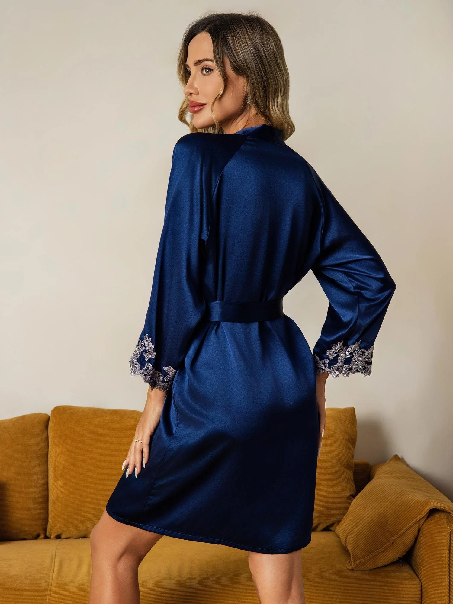 100% Moerbeizijde Robe met Kant aan Manchetten Wikkelkimono met Riem en 3/4 Mouwen - Image 20