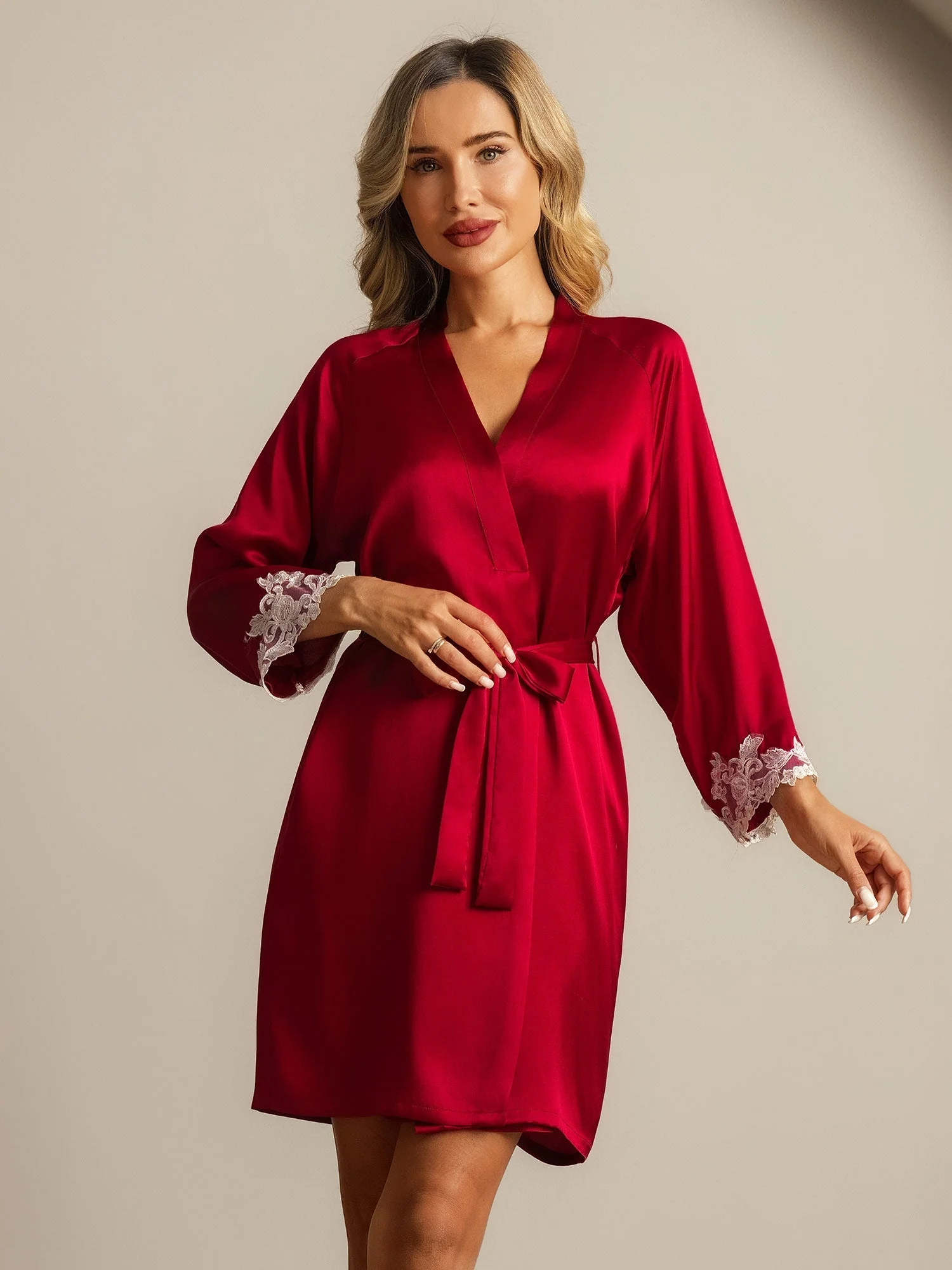 100% Moerbeizijde Robe met Kant aan Manchetten Wikkelkimono met Riem en 3/4 Mouwen - Image 28