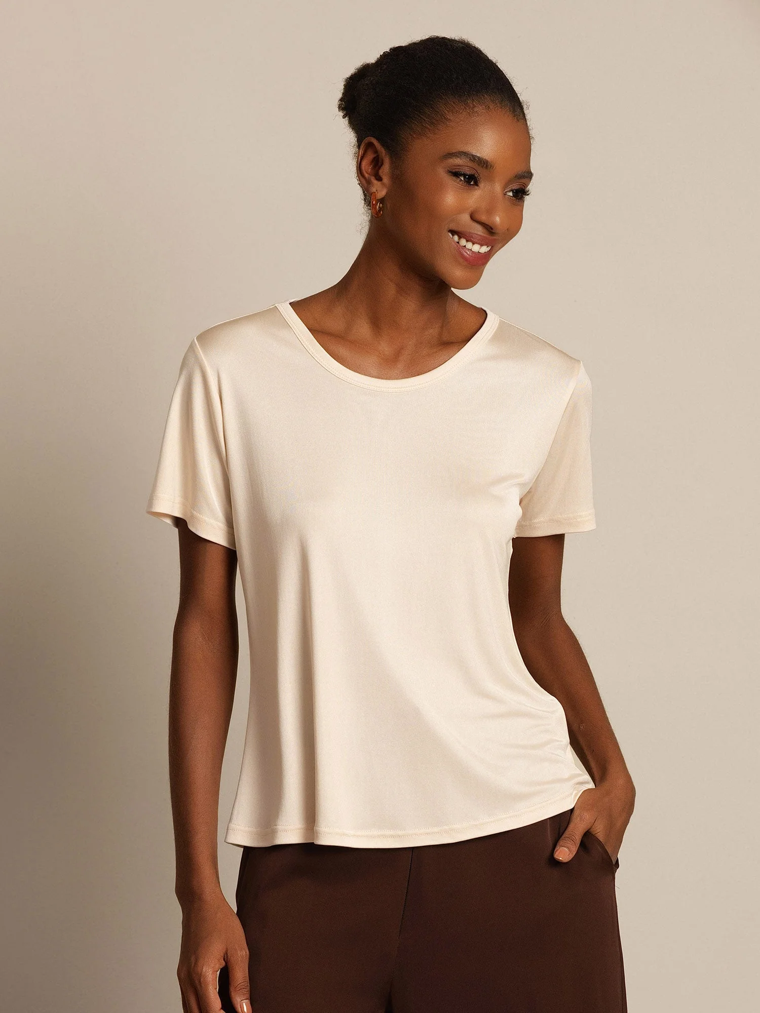 Pure Zijde Ronde Hals Korte Mouwen Dames T-Shirt - Image 30