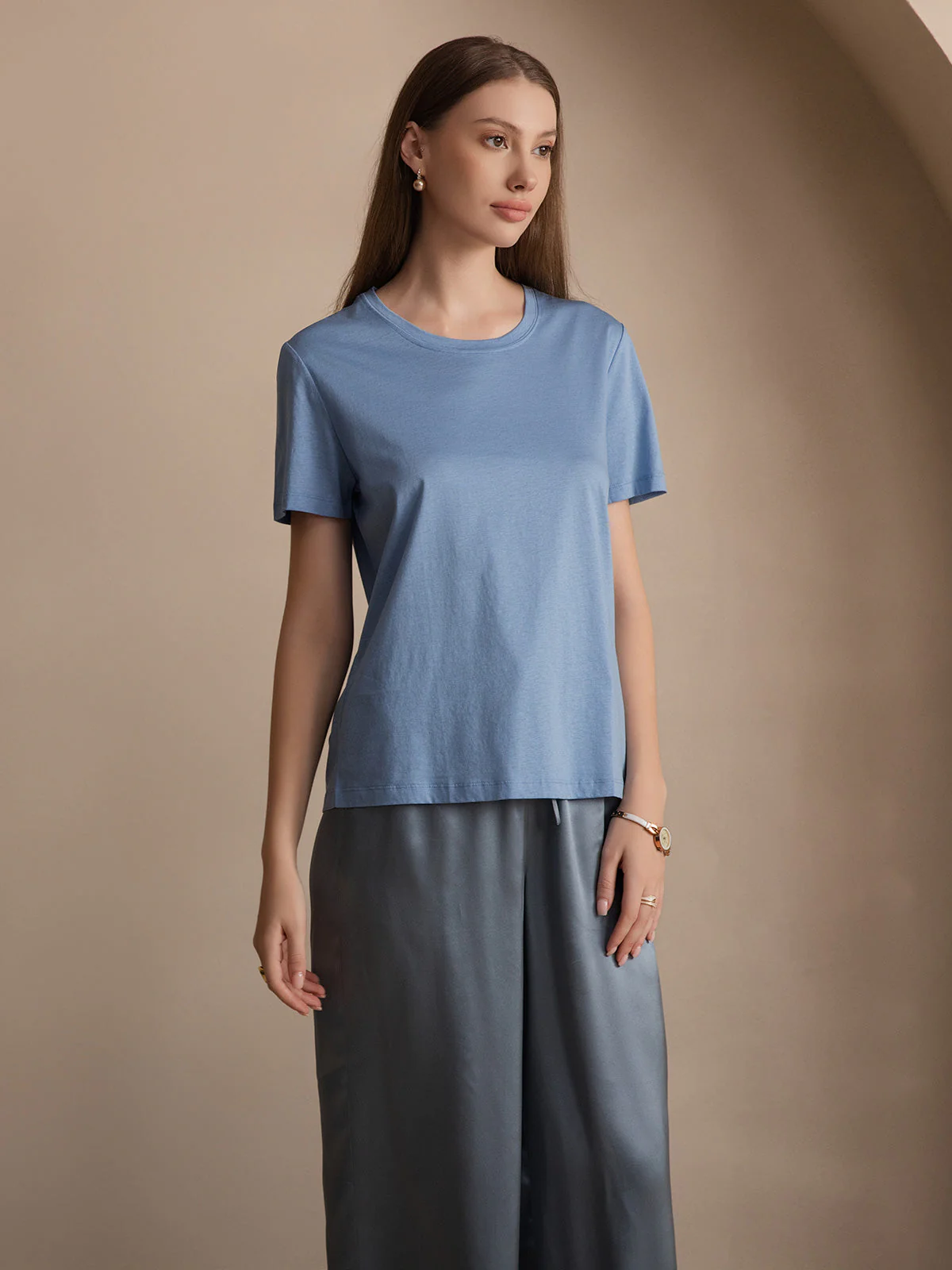 Pure Zijde Ronde Hals Korte Mouwen Dames T-Shirt - Image 37