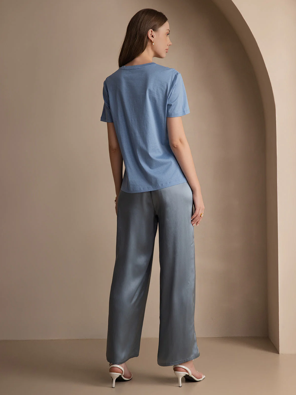 Pure Zijde Ronde Hals Korte Mouwen Dames T-Shirt - Image 38