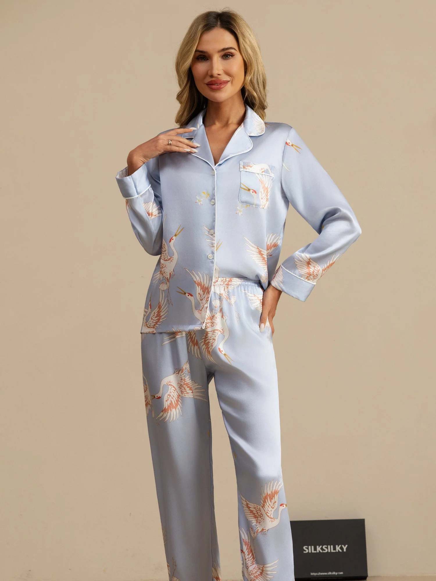 19Momme Dames Pyjamaset Van Pure Zijde Met Kraanvogelprint En Lange Mouwen Met Reverskraag - Image 45