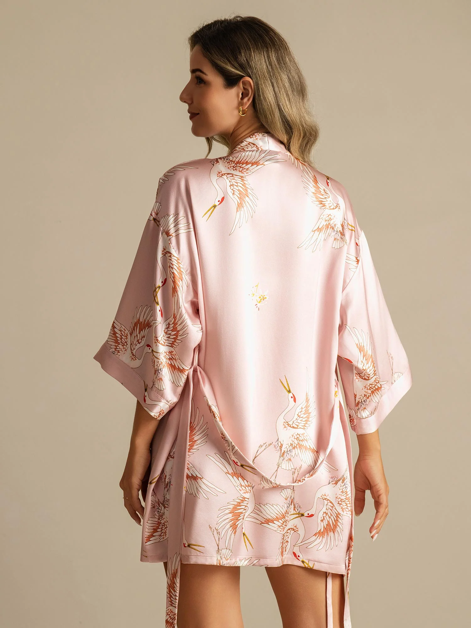 19Momme Dames Korte Kimono Robe Van Pure Zijde Met Kraanvogelprint 3/4 Mouwen - Image 12