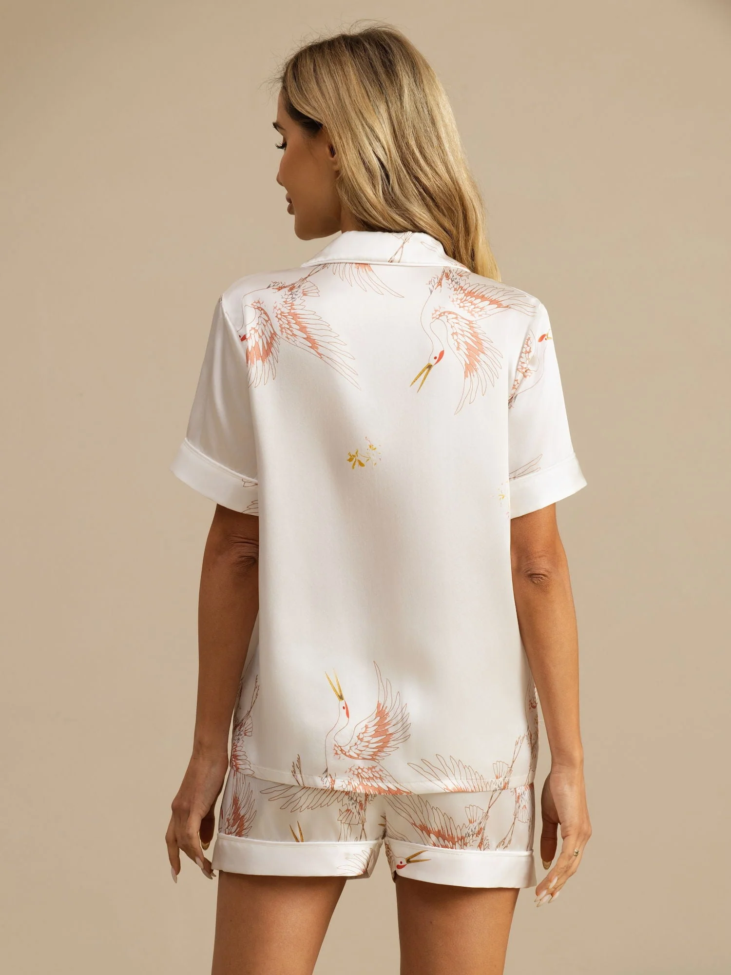 19Momme Dames Pure Zijde Korte Mouwen Kraanvogel Print Pyjama Set - Image 37