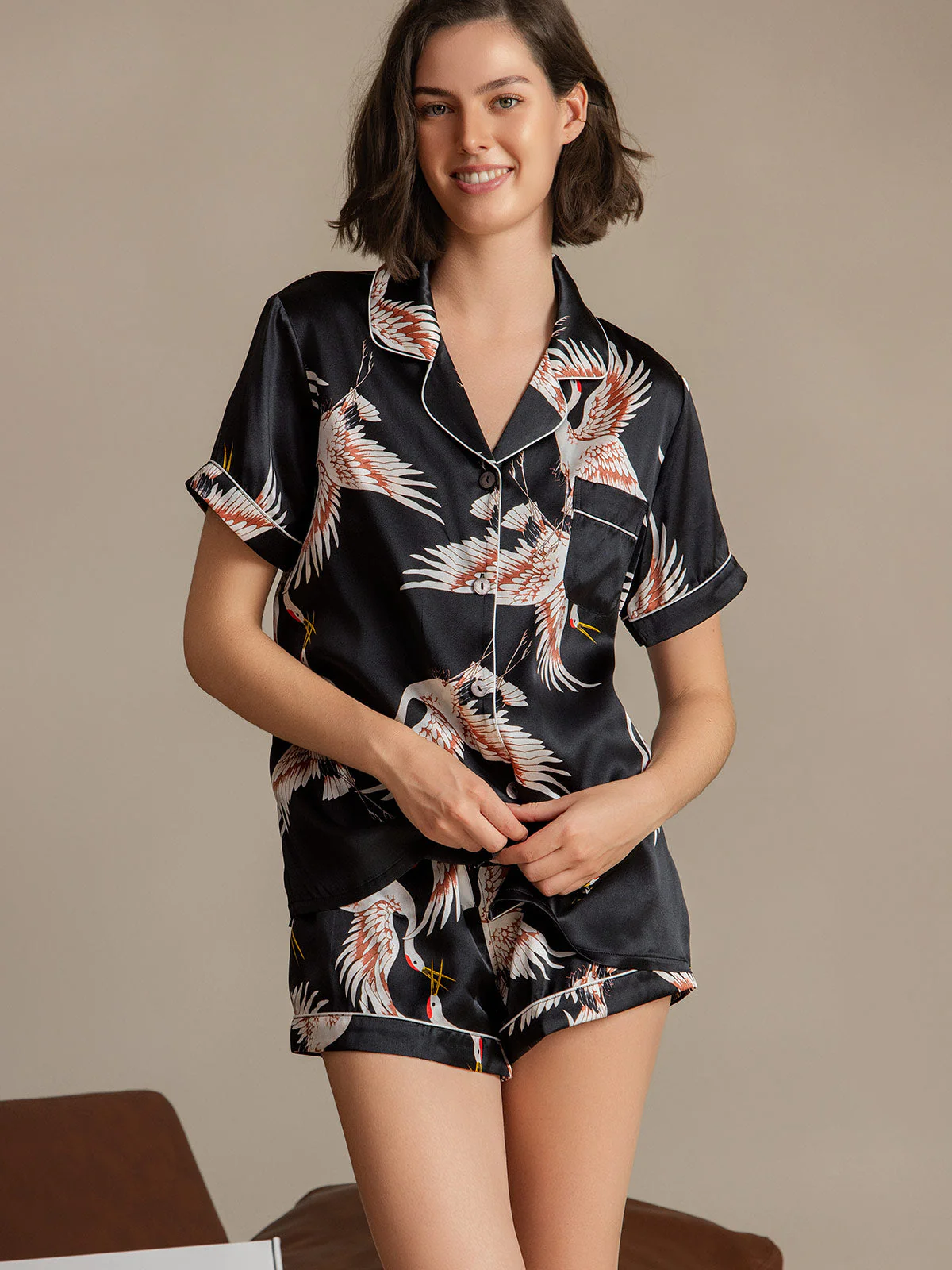 19Momme Dames Pure Zijde Korte Mouwen Kraanvogel Print Pyjama Set - Image 44