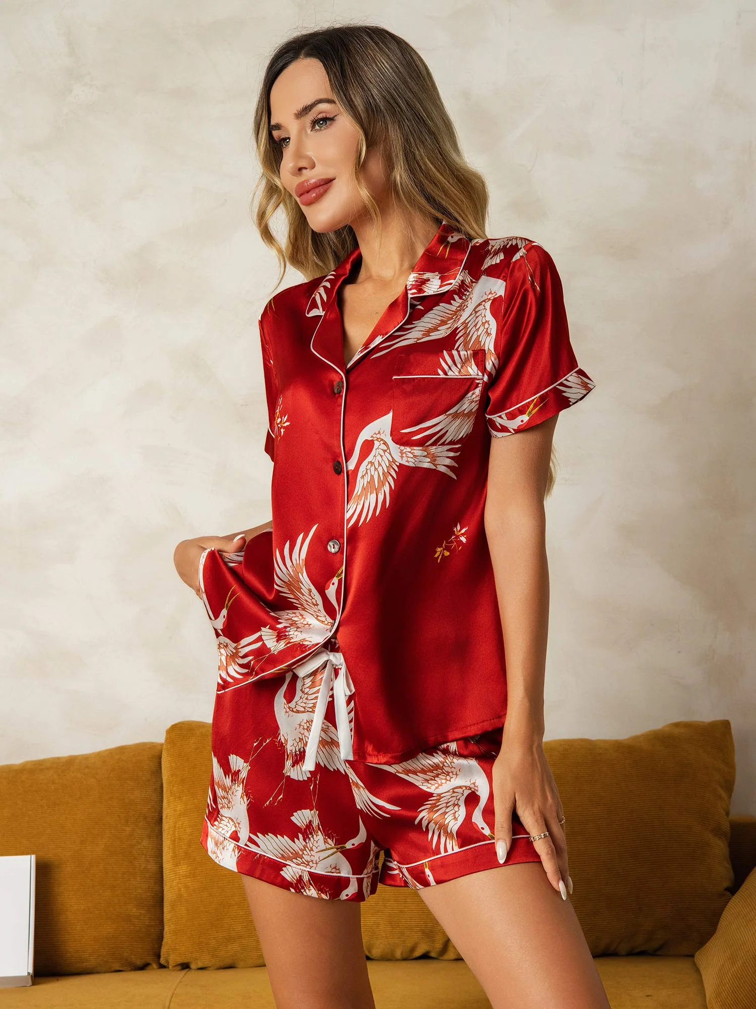 19Momme Dames Pure Zijde Korte Mouwen Kraanvogel Print Pyjama Set - Image 7