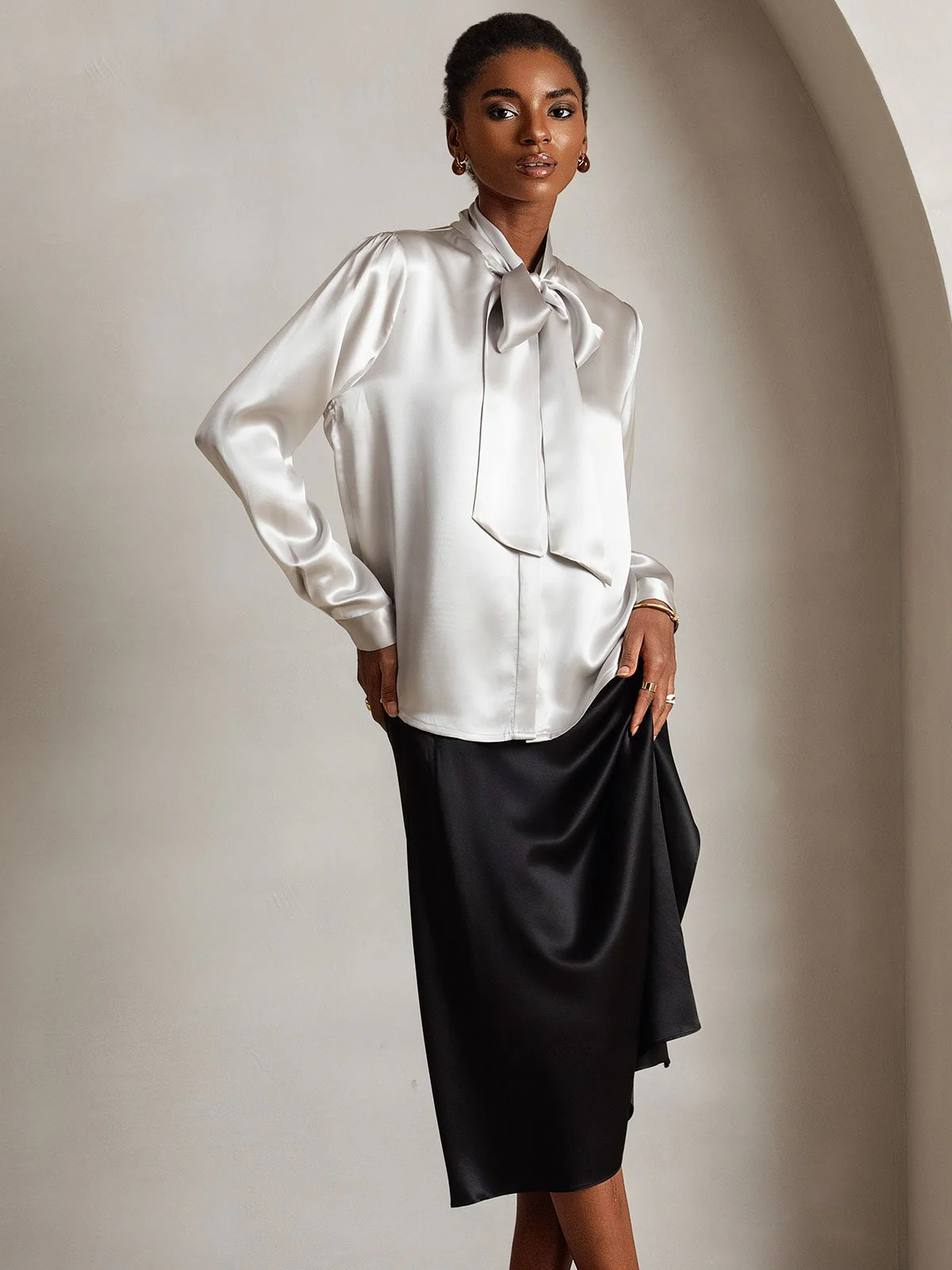 Dames 19 Momme Zijden Elegante Strikblouse met Lange Mouwen - Image 11