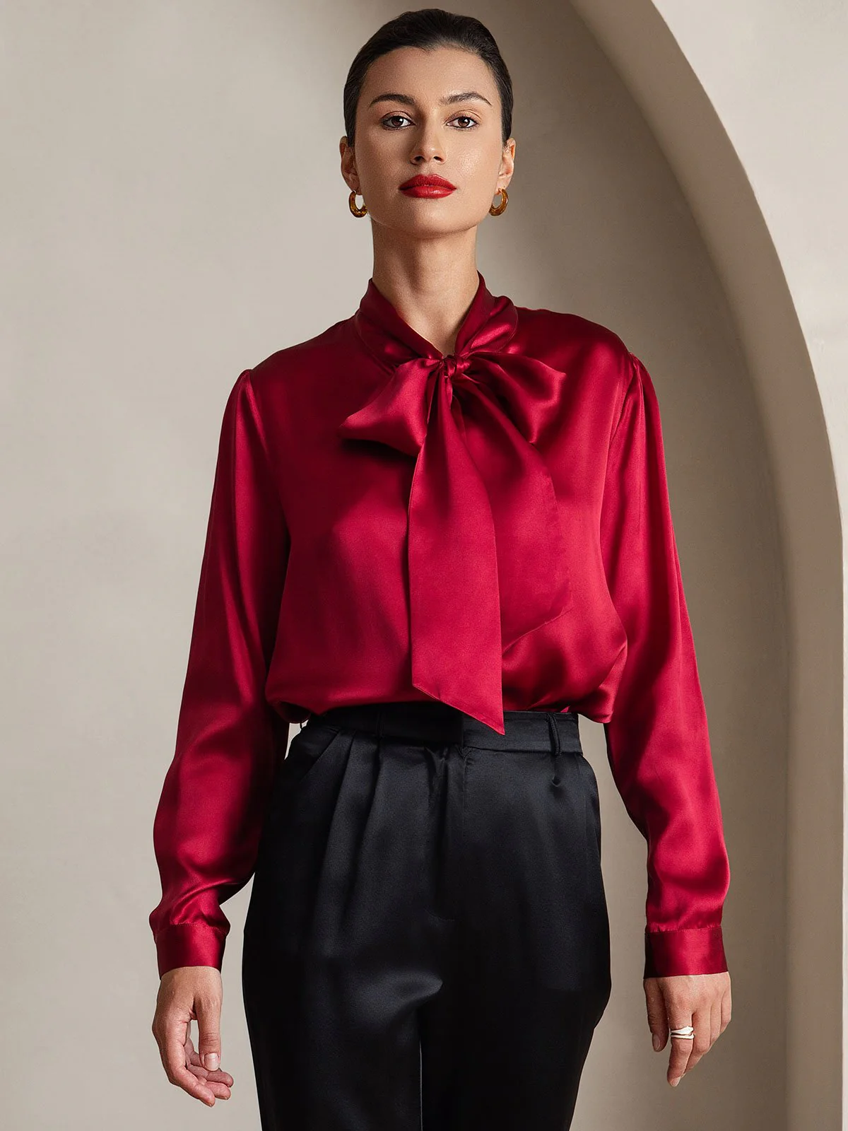 Dames 19 Momme Zijden Elegante Strikblouse met Lange Mouwen - Image 16