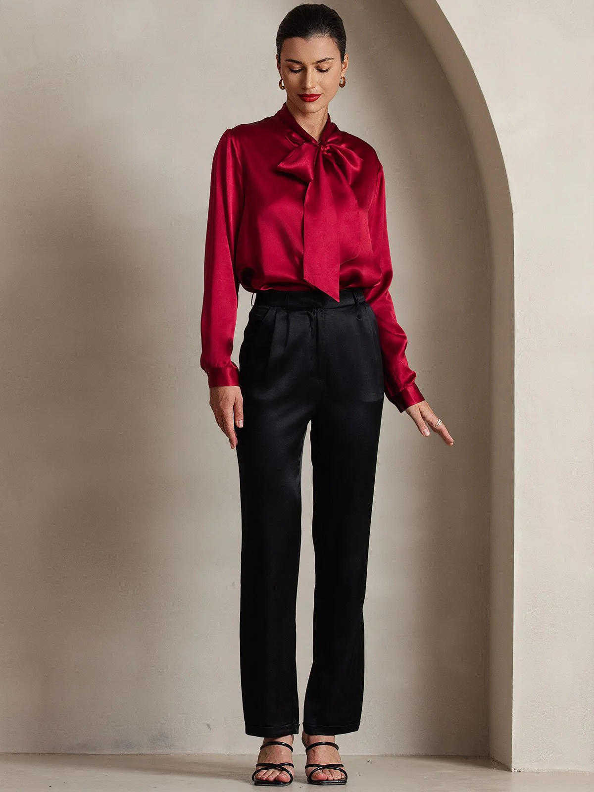 Dames 19 Momme Zijden Elegante Strikblouse met Lange Mouwen - Image 20