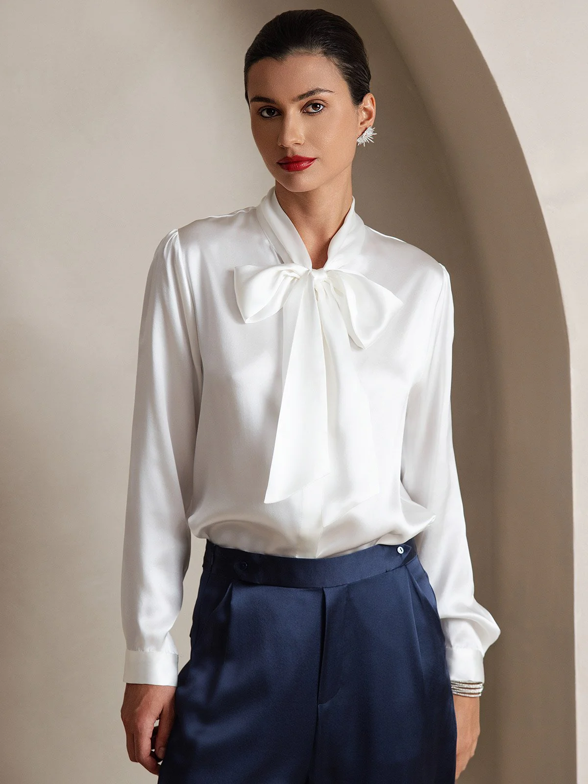 Dames 19 Momme Zijden Elegante Strikblouse met Lange Mouwen - Image 22