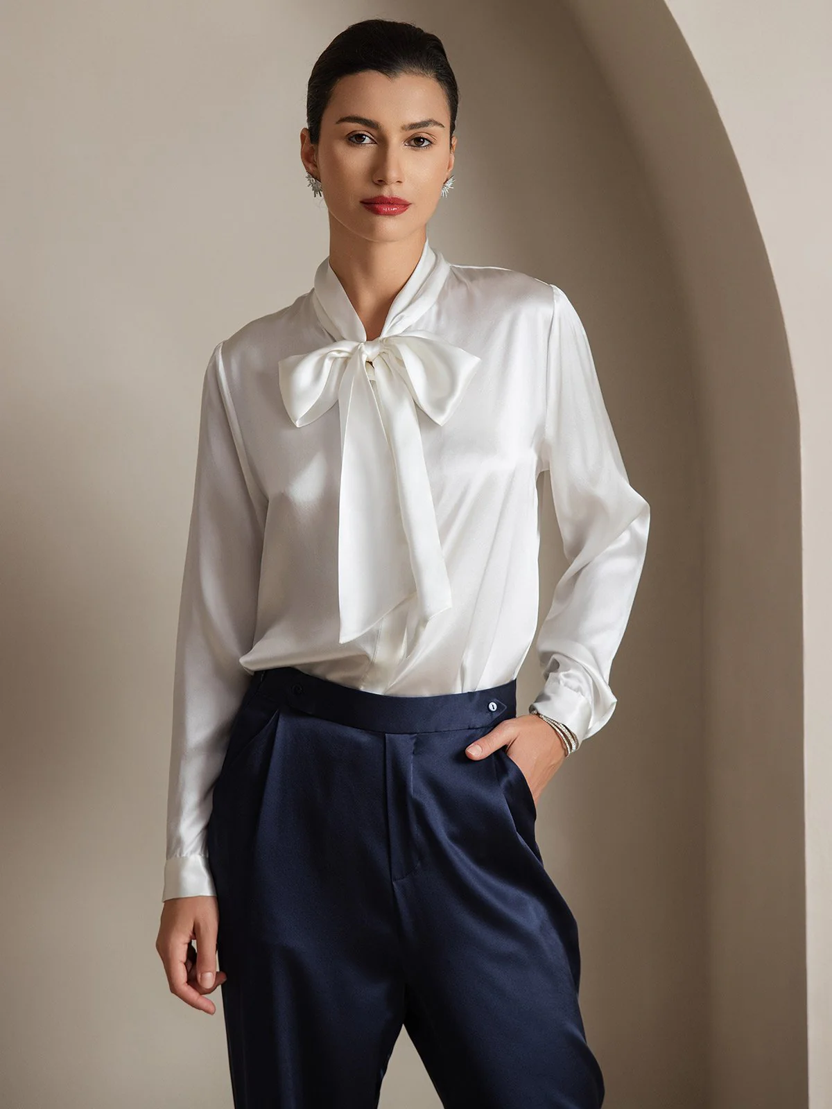 Dames 19 Momme Zijden Elegante Strikblouse met Lange Mouwen - Image 24