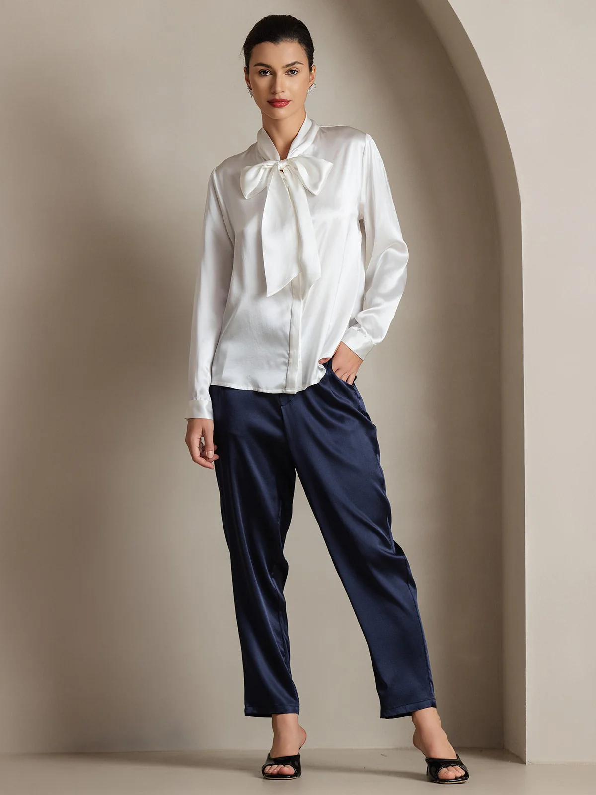 Dames 19 Momme Zijden Elegante Strikblouse met Lange Mouwen - Image 25