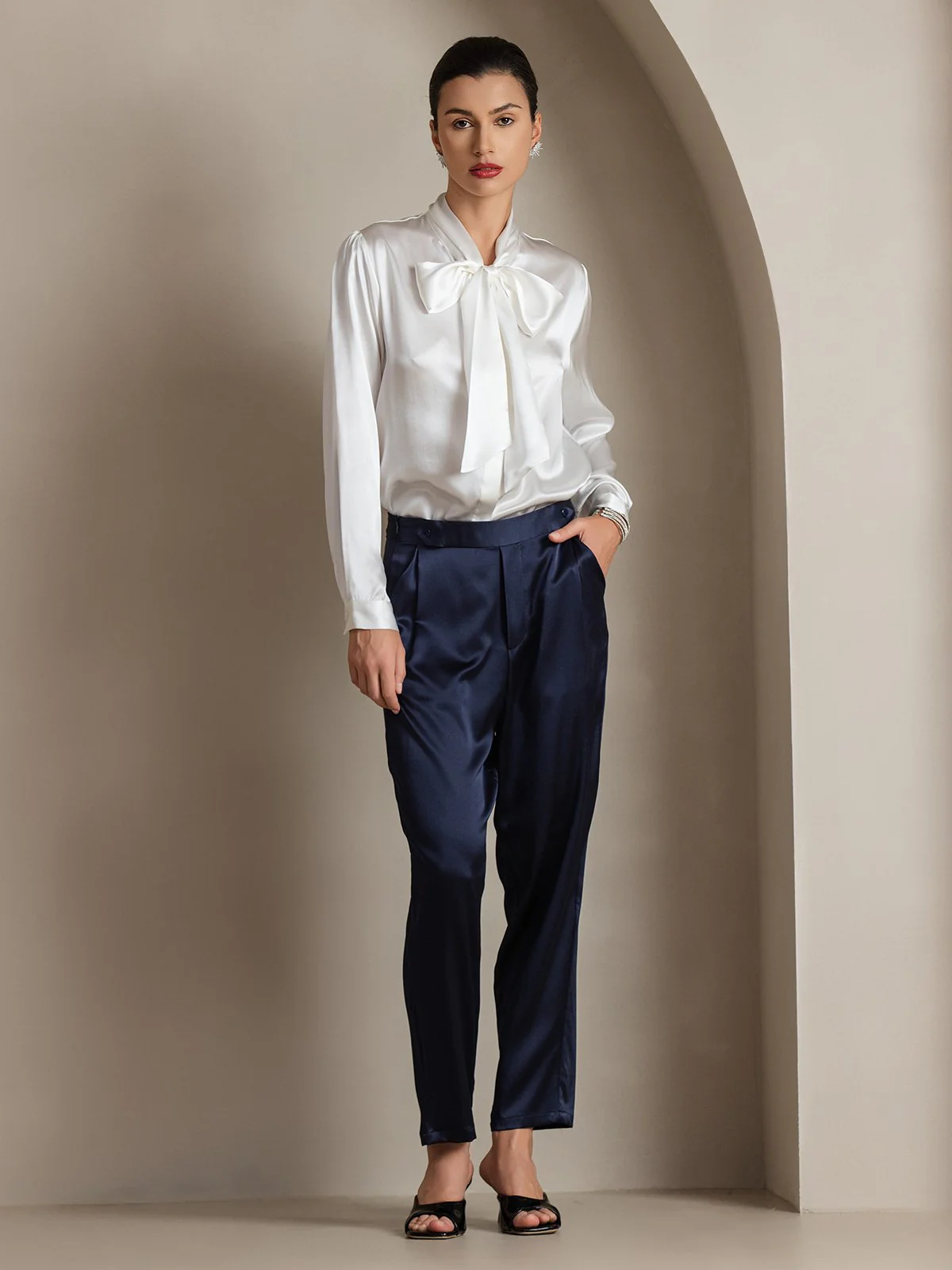 Dames 19 Momme Zijden Elegante Strikblouse met Lange Mouwen - Image 26