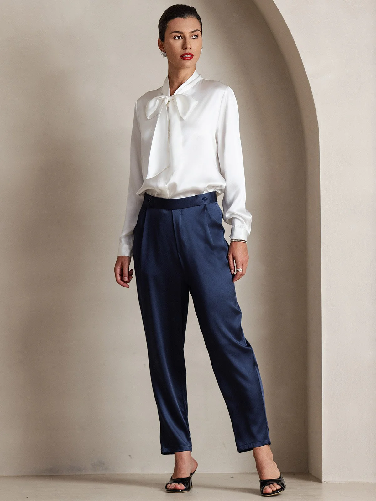 Dames 19 Momme Zijden Elegante Strikblouse met Lange Mouwen - Image 27