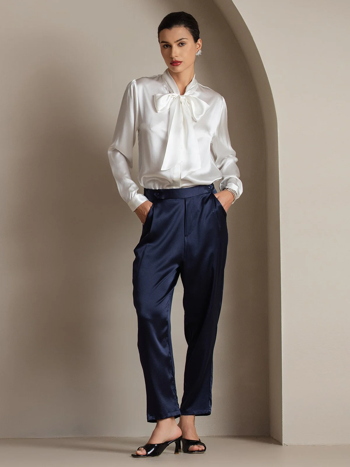 Dames 19 Momme Zijden Elegante Strikblouse met Lange Mouwen - Image 28