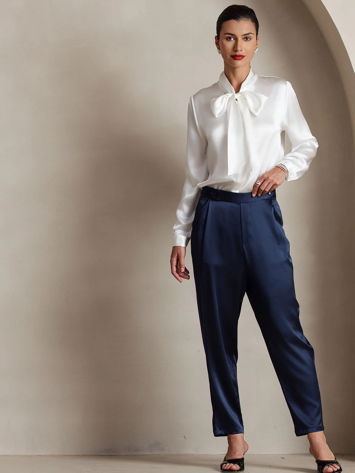 Dames 19 Momme Zijden Elegante Strikblouse met Lange Mouwen - Image 29