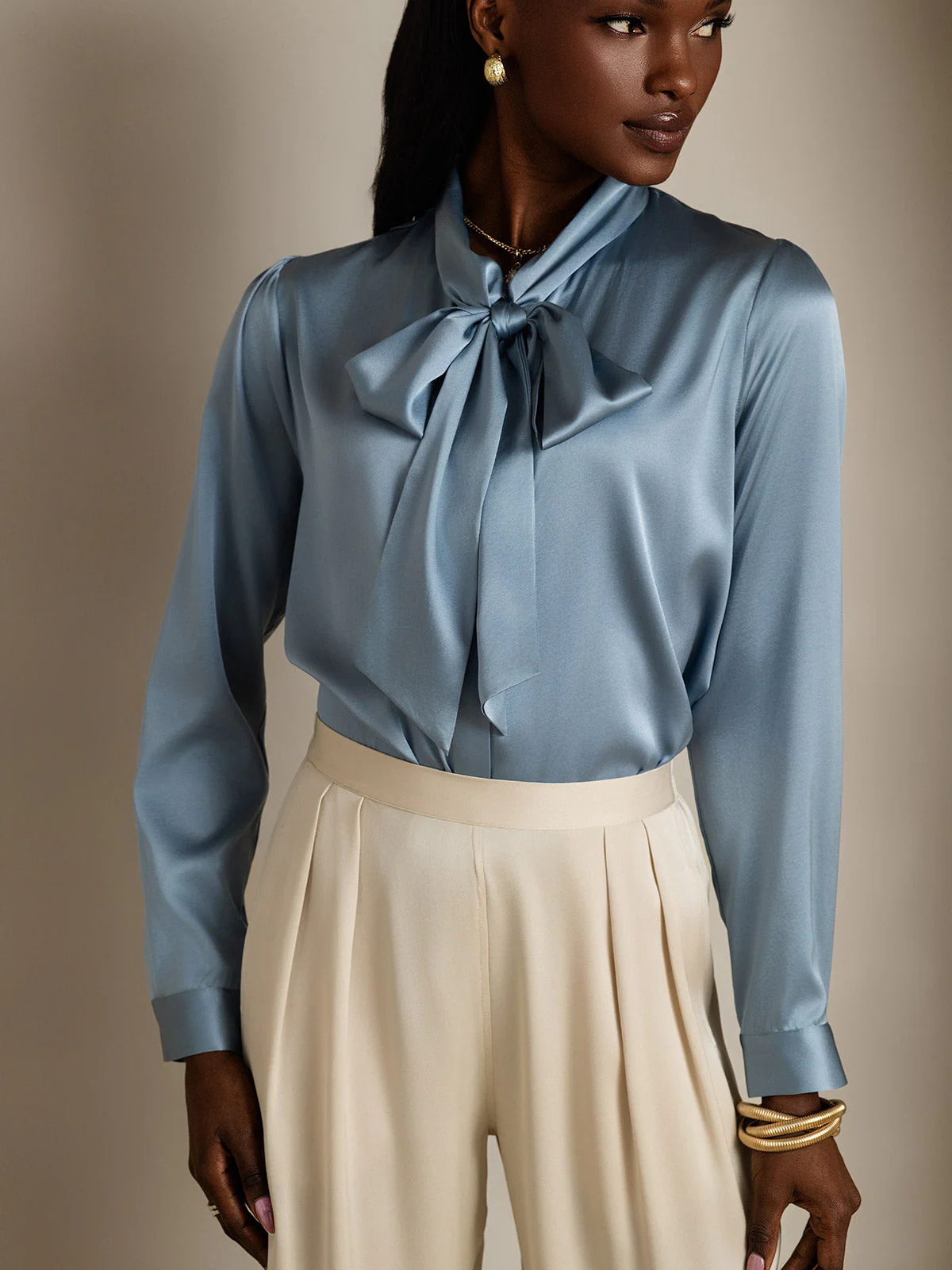 Dames 19 Momme Zijden Elegante Strikblouse met Lange Mouwen - Image 3
