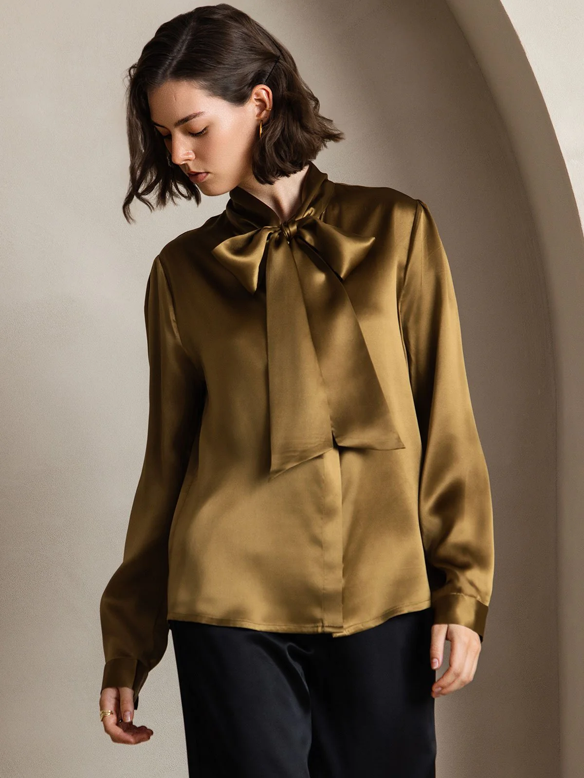 Dames 19 Momme Zijden Elegante Strikblouse met Lange Mouwen - Image 30