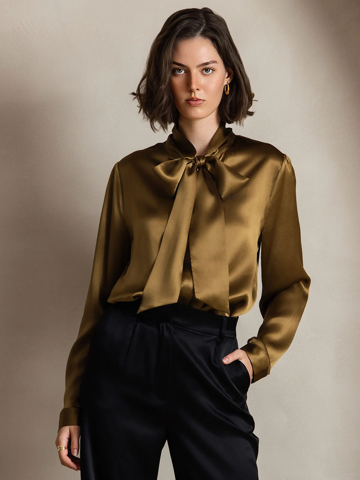Dames 19 Momme Zijden Elegante Strikblouse met Lange Mouwen - Image 32