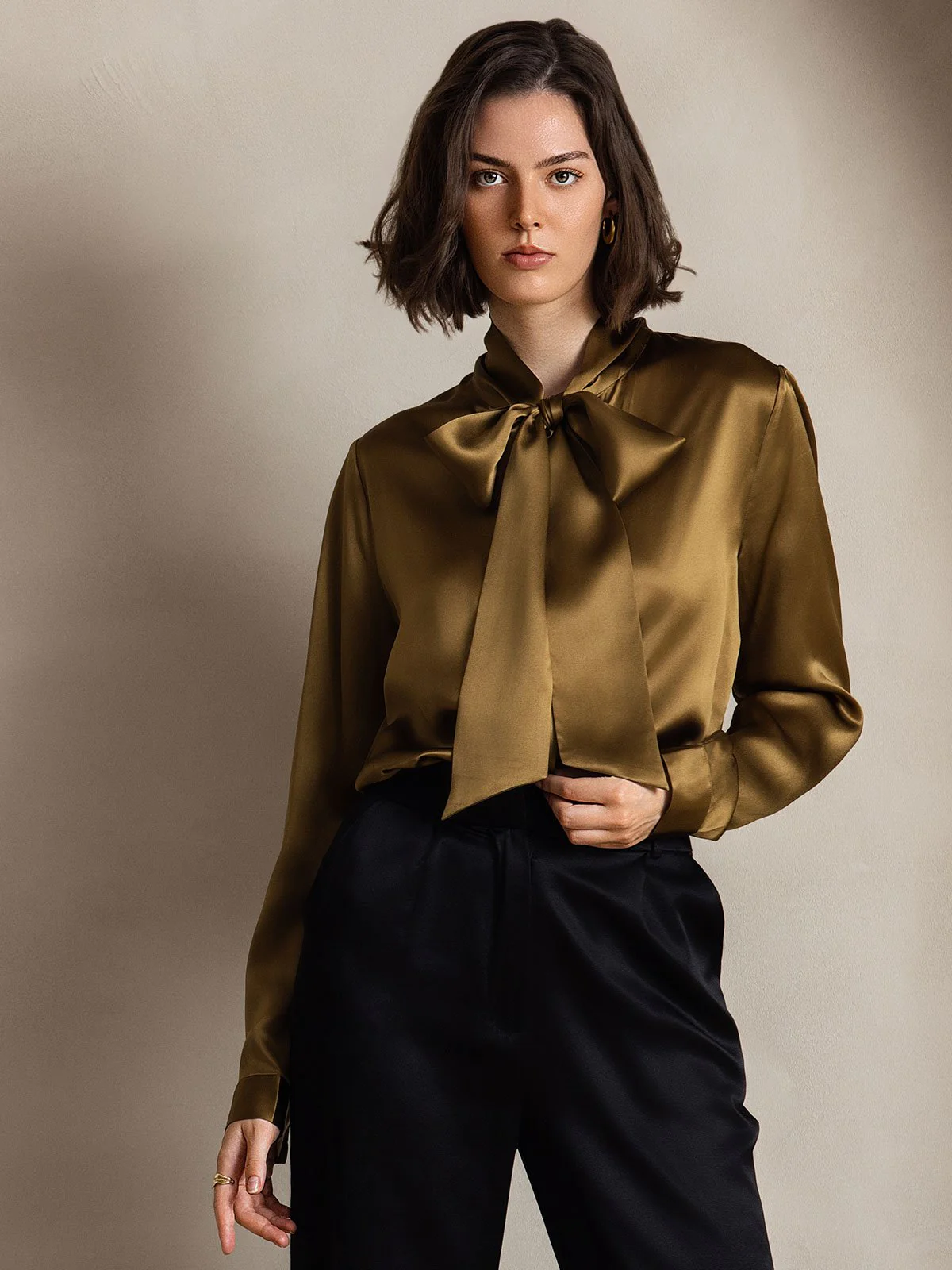 Dames 19 Momme Zijden Elegante Strikblouse met Lange Mouwen - Image 33