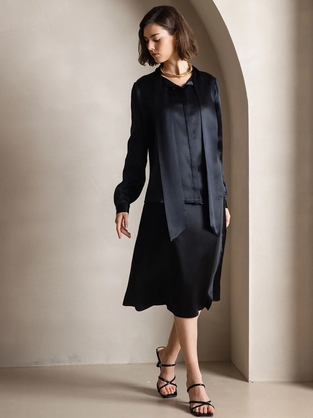 Dames 19 Momme Zijden Elegante Strikblouse met Lange Mouwen - Image 39