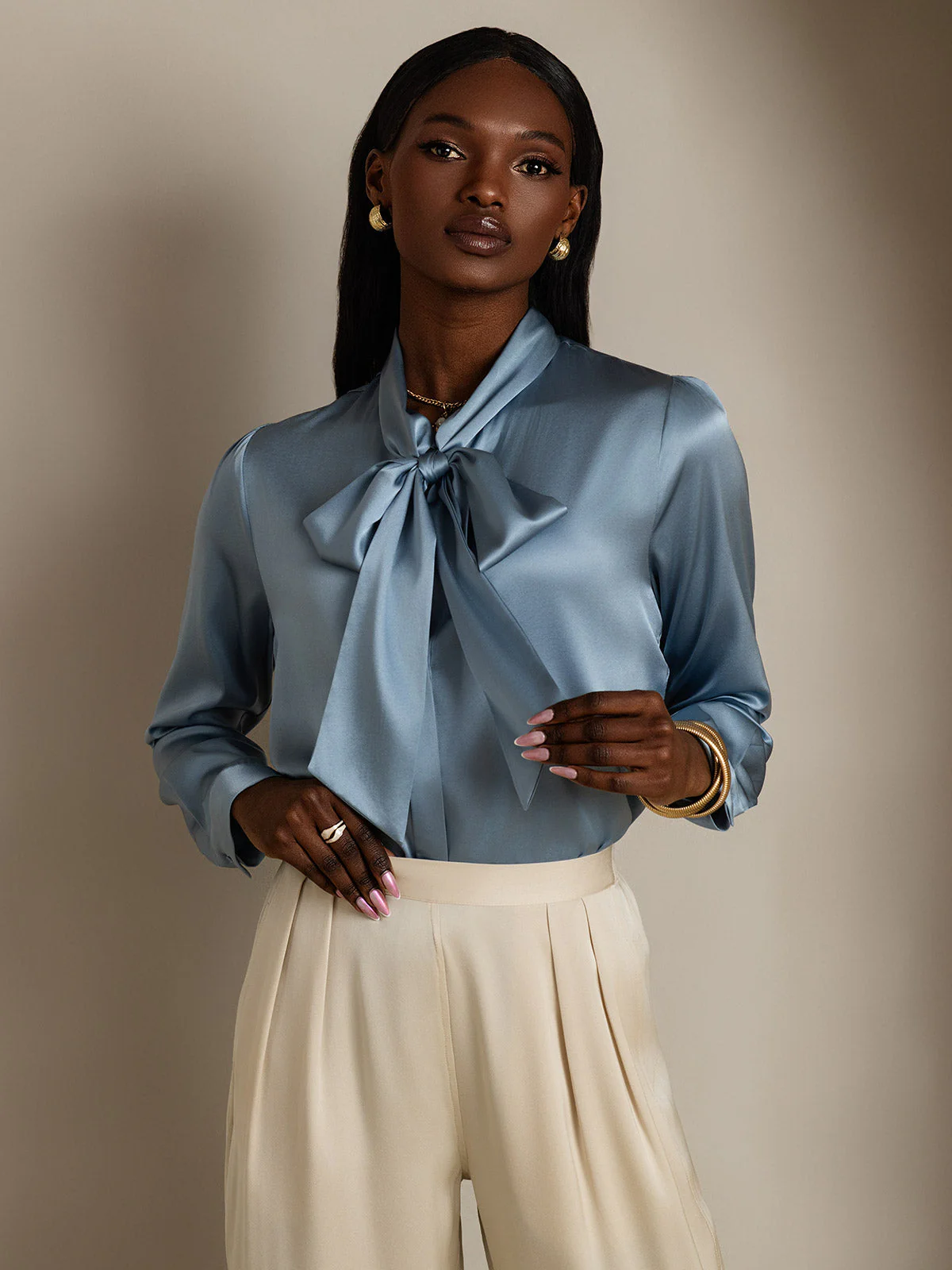 Dames 19 Momme Zijden Elegante Strikblouse met Lange Mouwen - Image 4