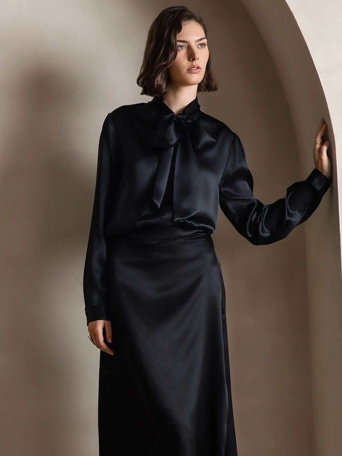 Dames 19 Momme Zijden Elegante Strikblouse met Lange Mouwen - Image 41