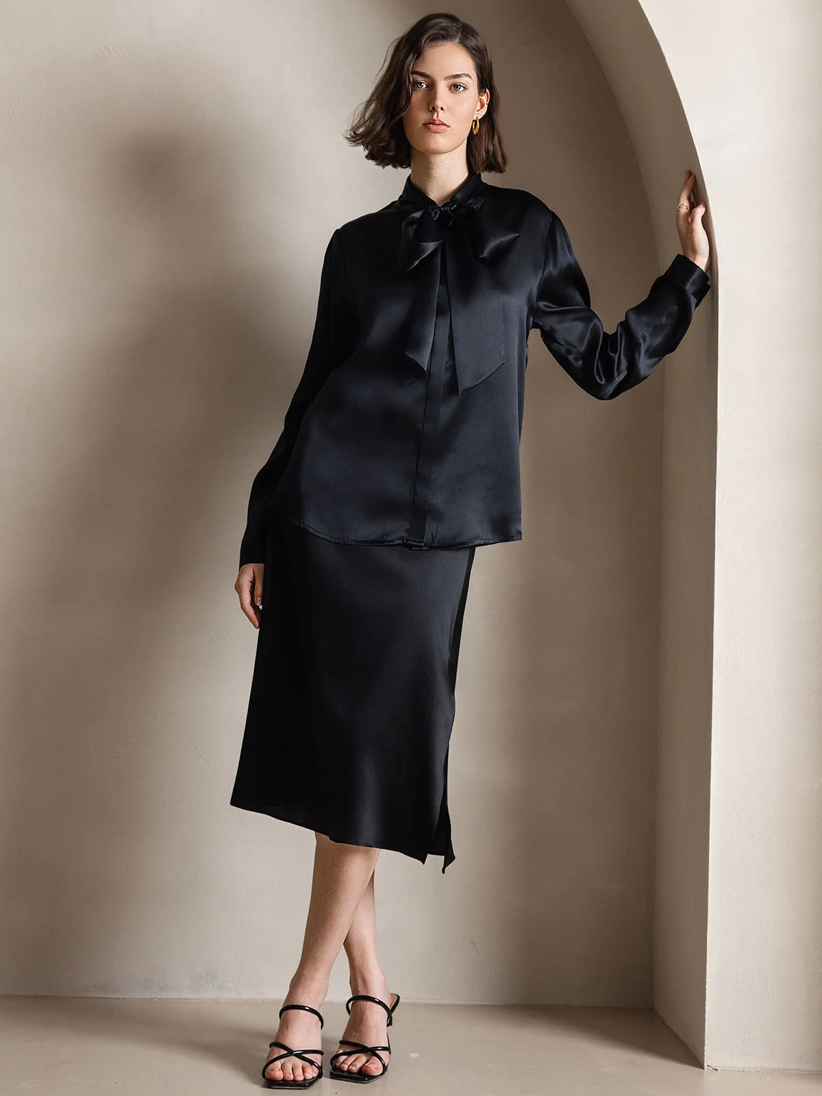 Dames 19 Momme Zijden Elegante Strikblouse met Lange Mouwen - Image 42