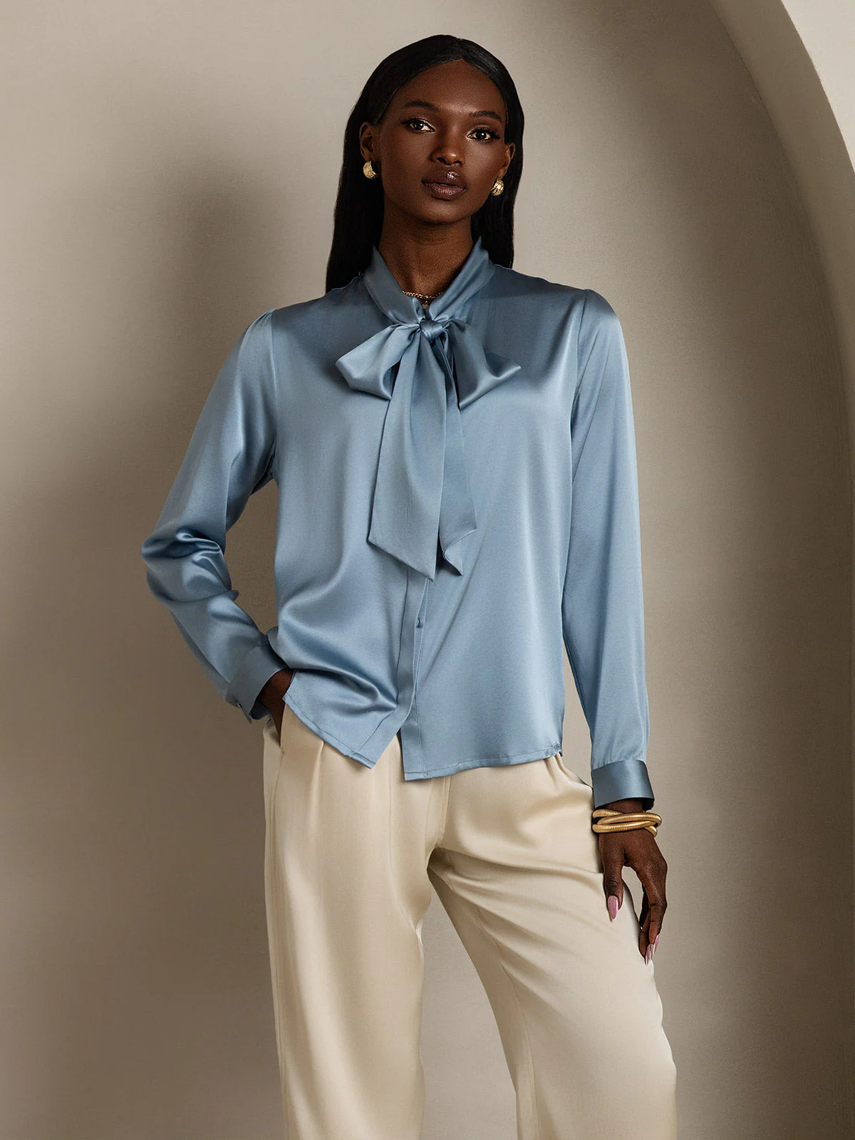 Dames 19 Momme Zijden Elegante Strikblouse met Lange Mouwen - Image 5