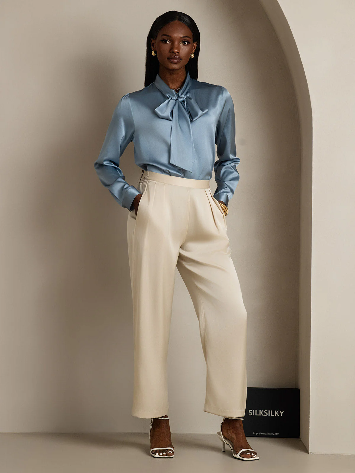 Dames 19 Momme Zijden Elegante Strikblouse met Lange Mouwen - Image 7