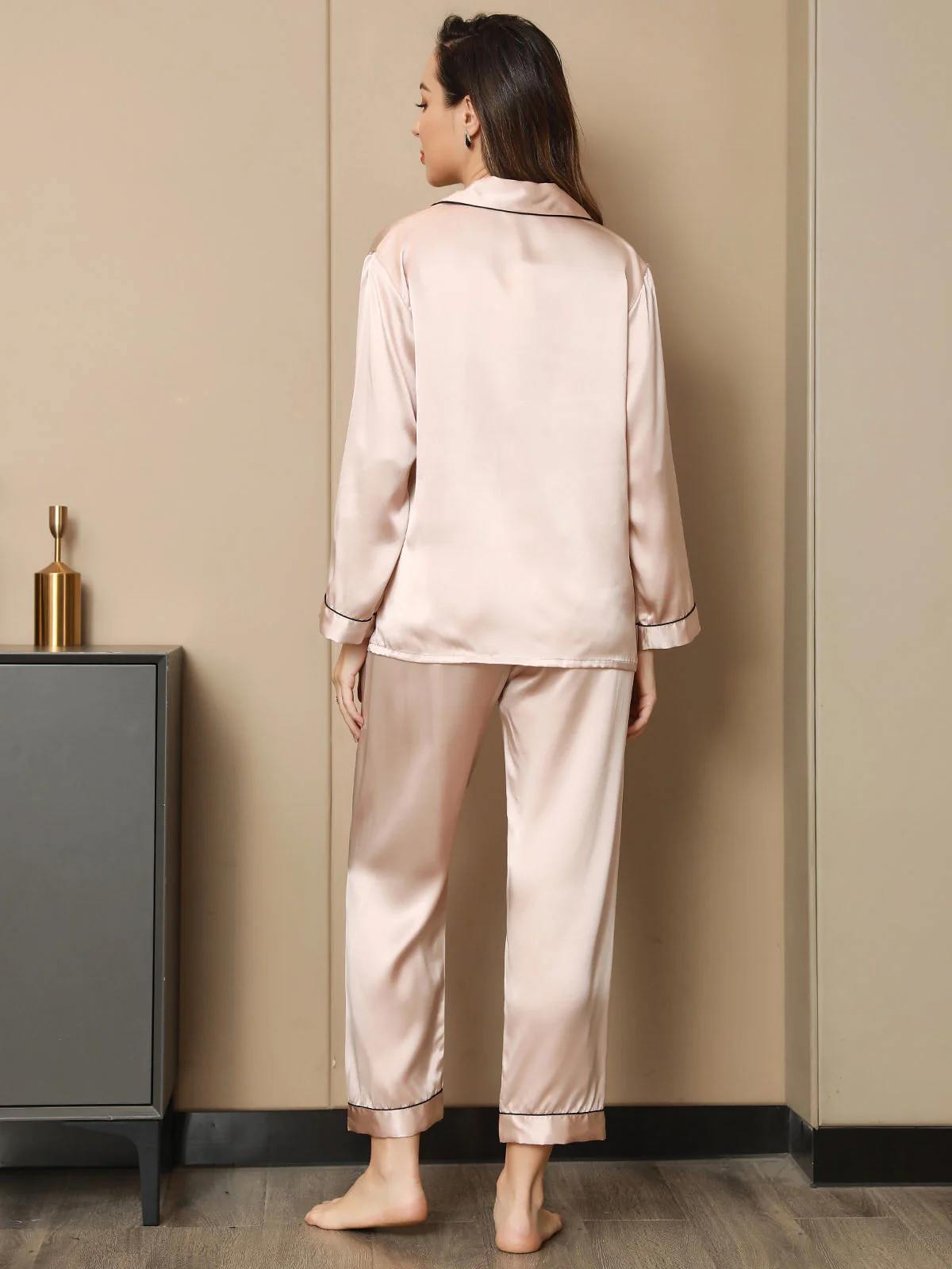 Dames Natuurlijke Zijde Lange Mouwen Pyjama Set - Image 47