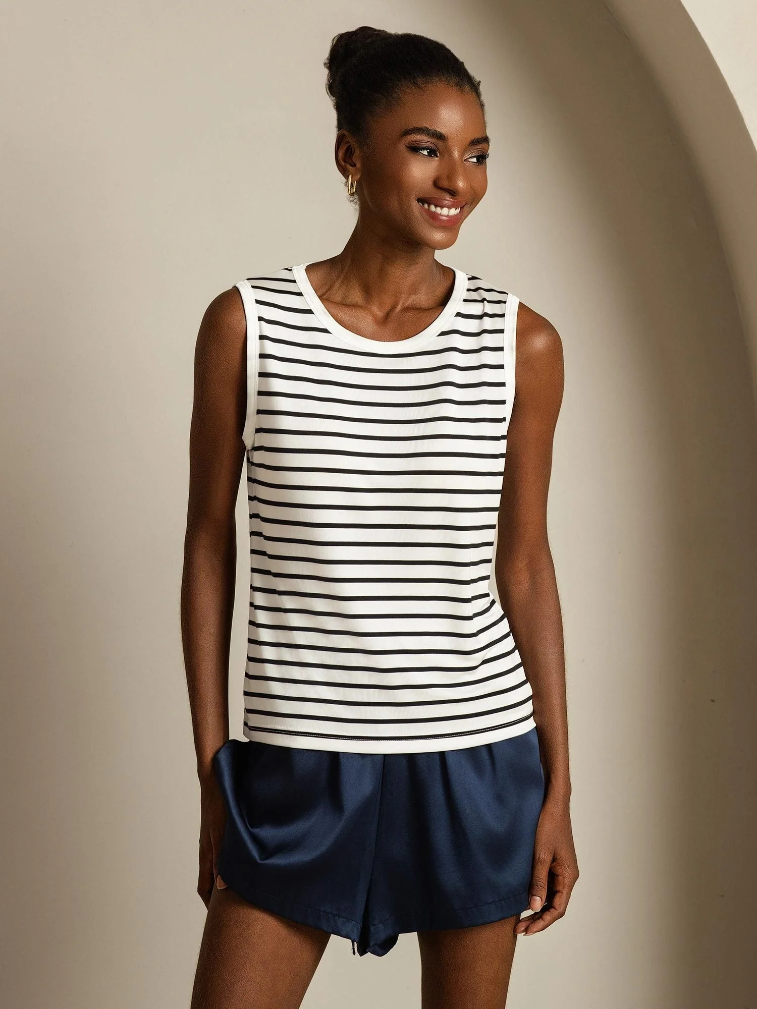 Dames Puur Zijde Rond Hals Sport Streep Tanktop